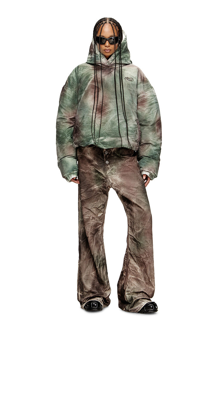 Puffy hooded jacket in camo nylon