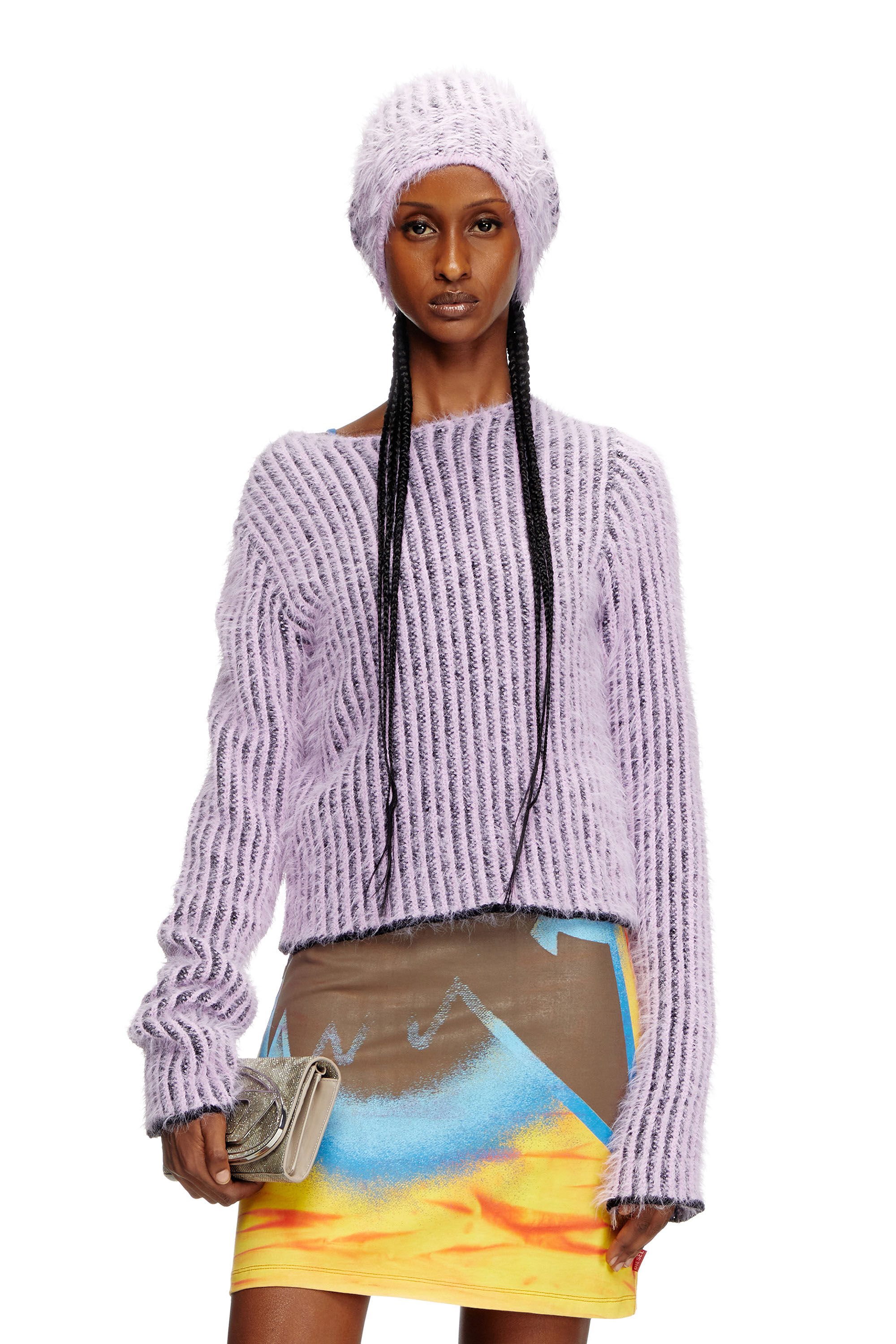 Diesel - M-TIGRE, Woman's Fuzzy striped wool-blend jumper in Lilac - 3