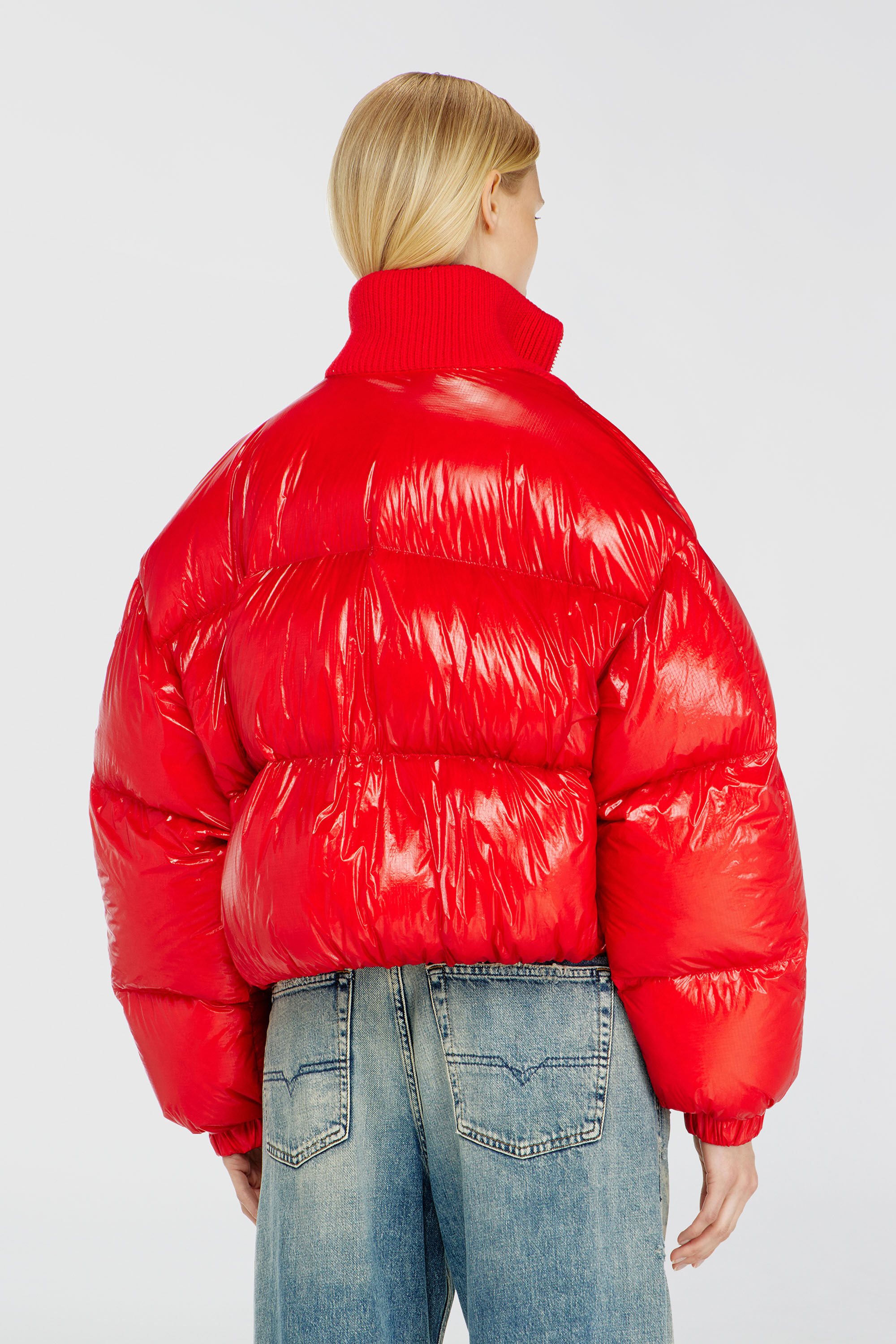 Diesel - W-ARRIOR, Woman's Down puffer jacket in ripstop with knitted collar in Red - 4