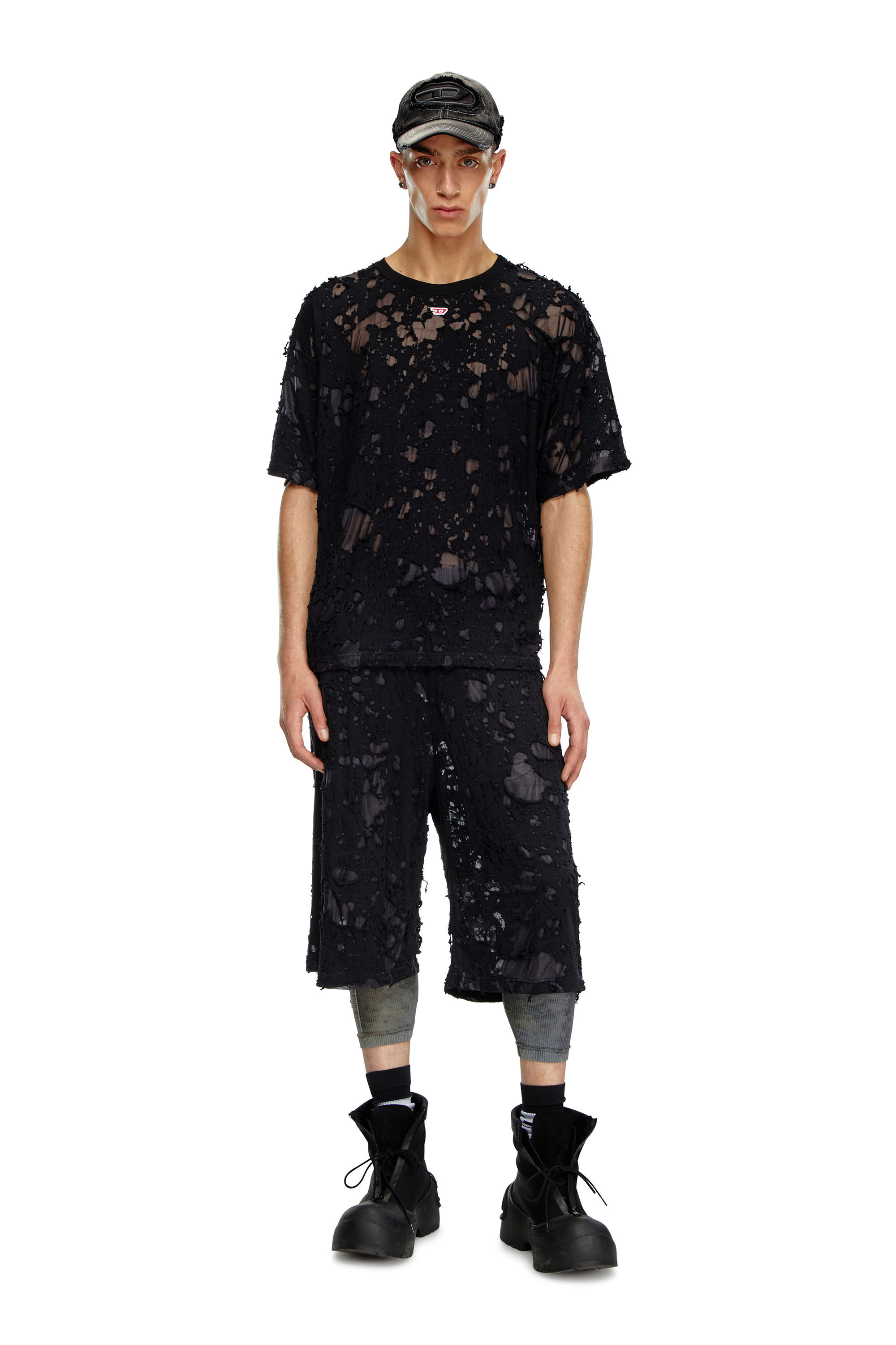 Diesel - P-WO-POCK, Man's Layered shorts with burn-out finish in Black - 1