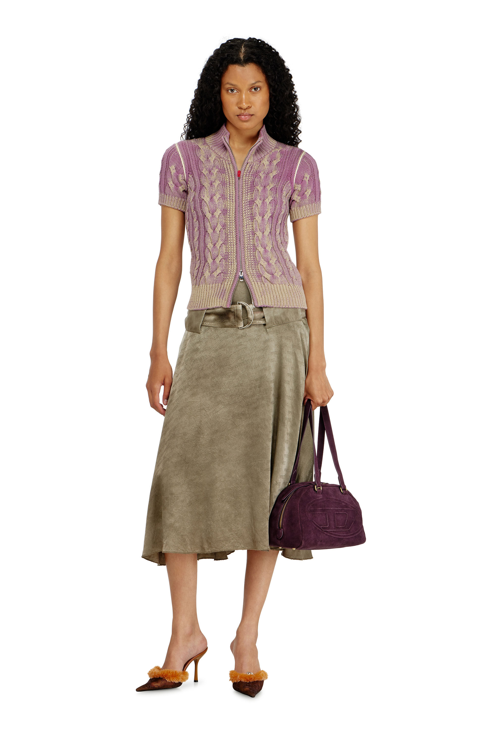 Diesel - M-ELANA, Woman's Short-sleeve zip cardigan in cable knit in Beige/Violet - 1