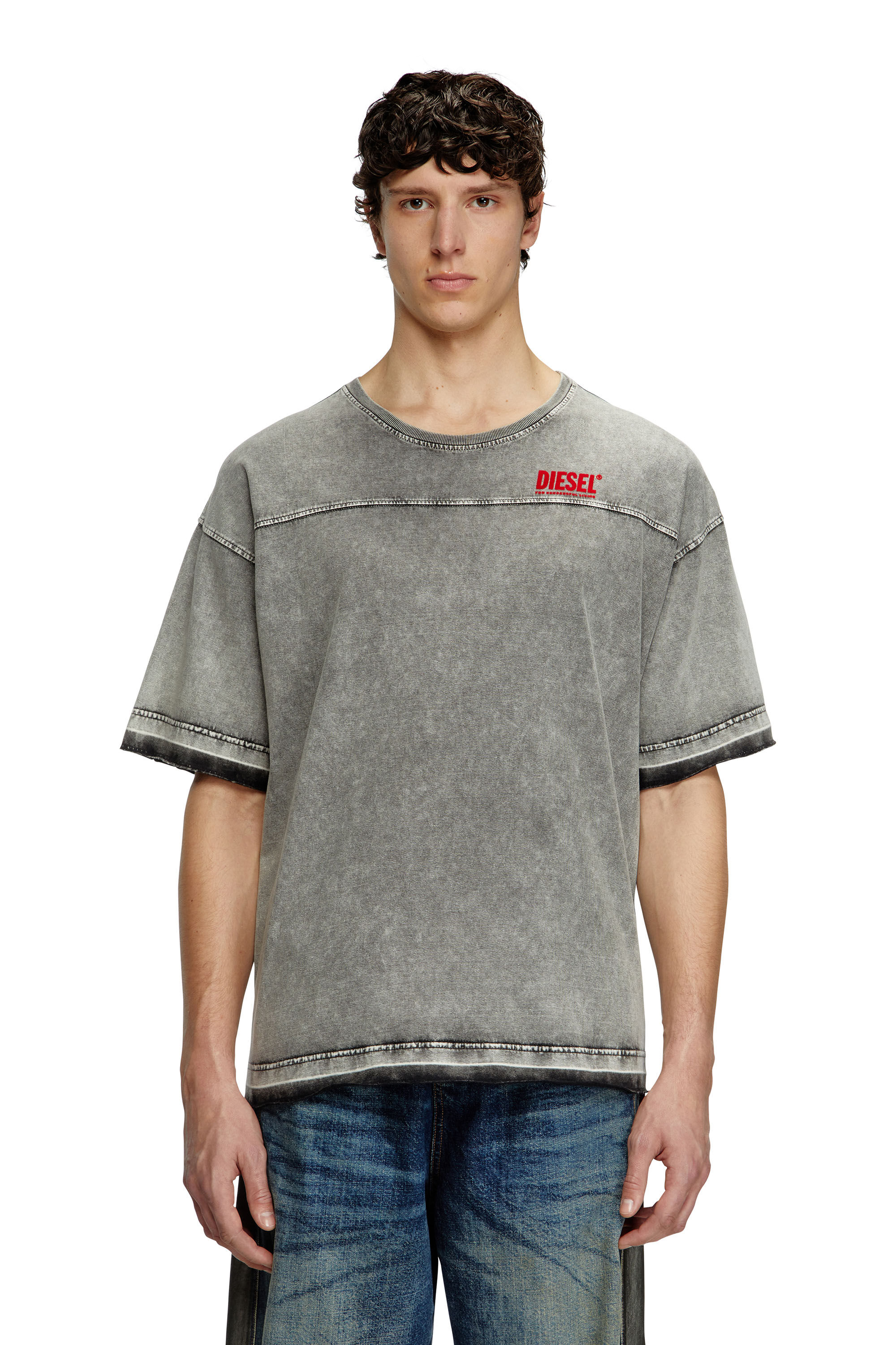 Diesel - T-HOXT, Man's Denim-look T-shirt with released hems in Light Grey - 3