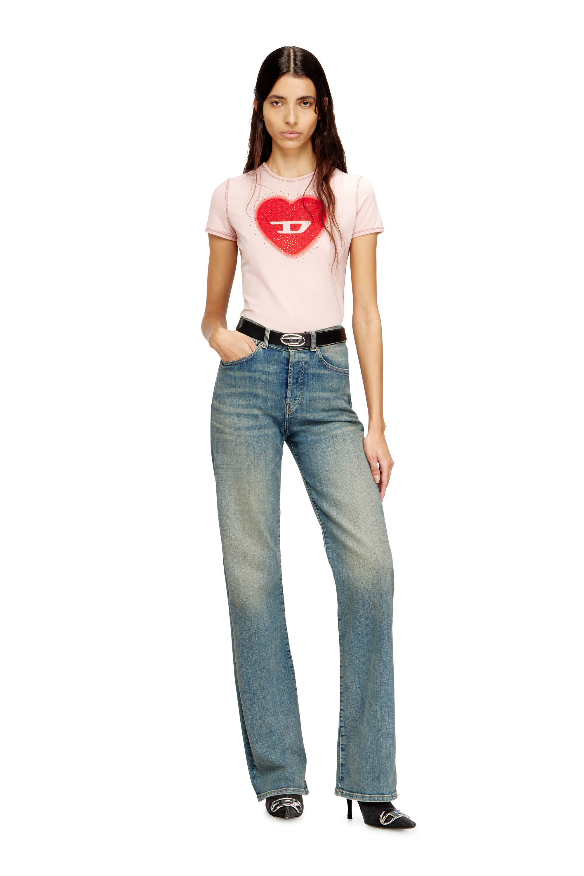 Diesel - T-UNCUTIES-LONG-S5, Woman's Slim T-shirt with heart print and studs in Pink - 1