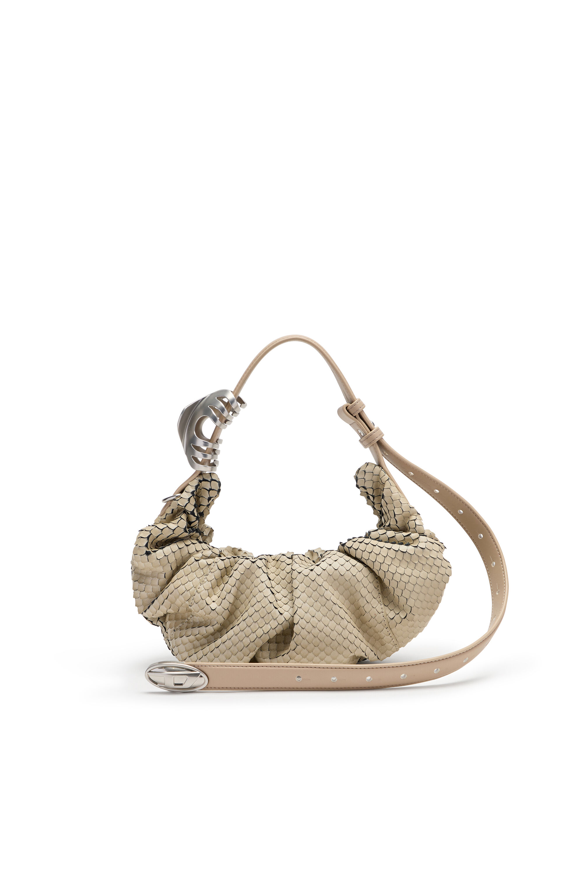Diesel - GRAB-D HOBO S, Woman's Grab-D-Scrunched hobo bag in textured leather in Beige - 1