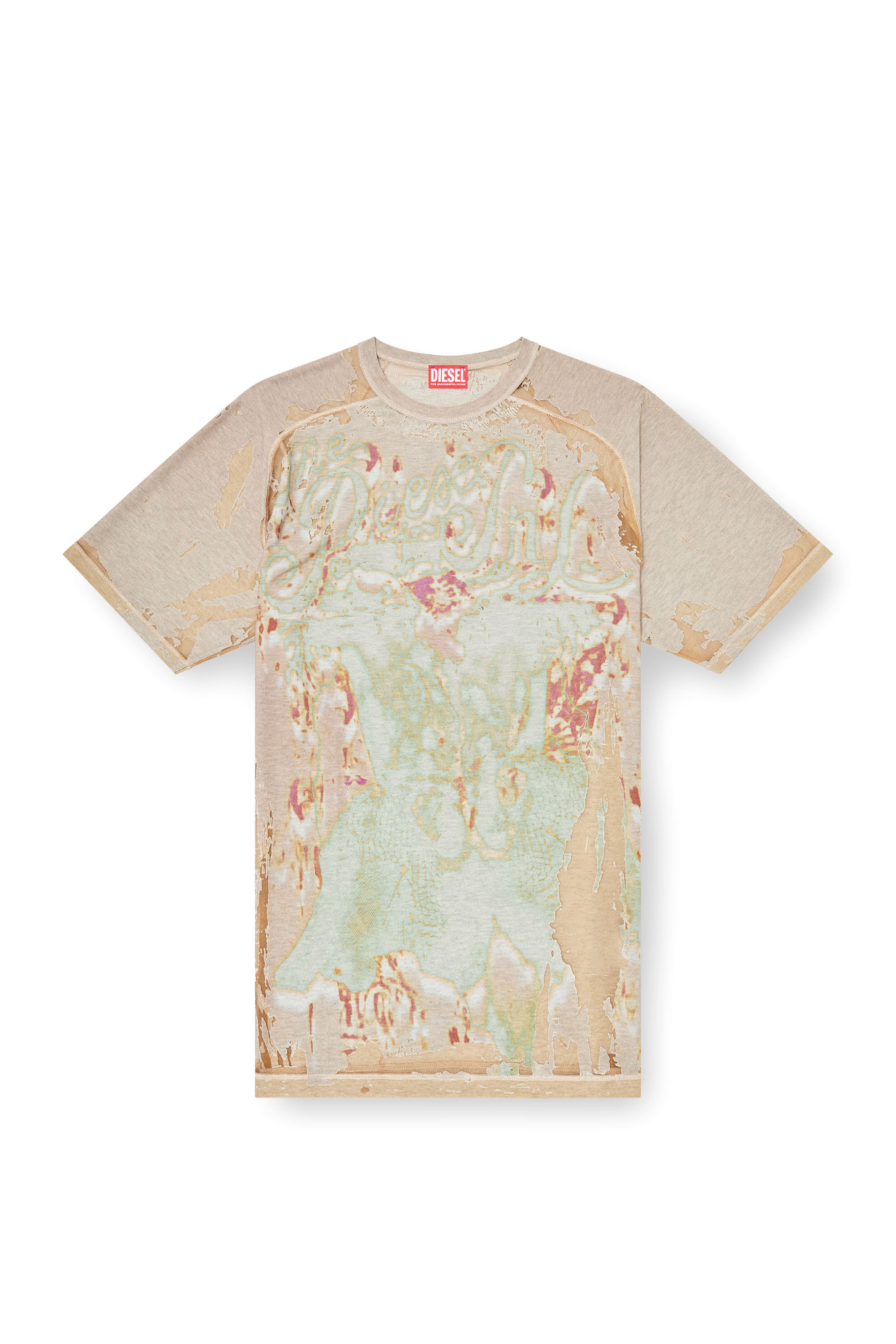 Diesel - T-LIVO, Man's T-shirt in printed devor&eacute; jersey in Light Brown - 2