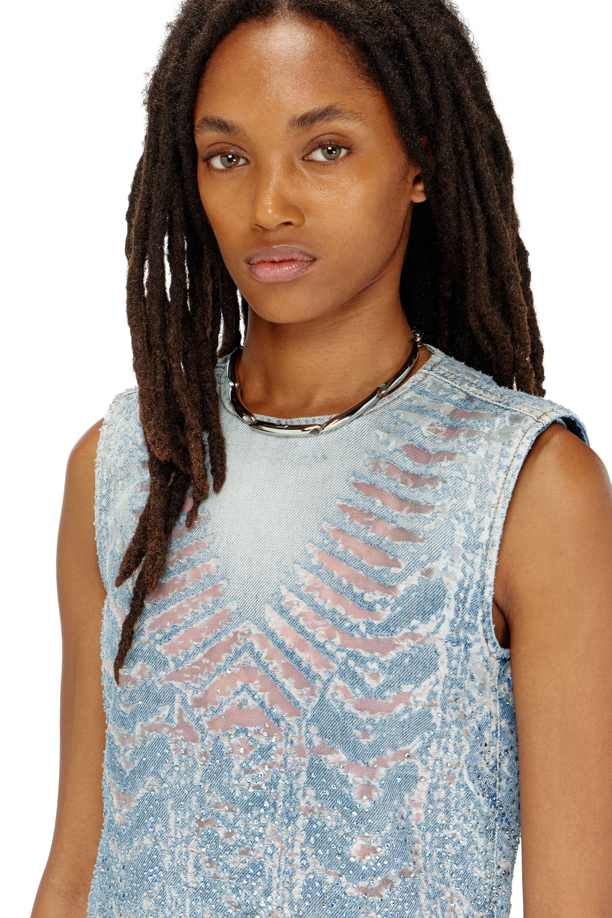 Diesel - DE-MYRELA-S, Woman's Mini dress in microstone devor&eacute; denim in null - 5