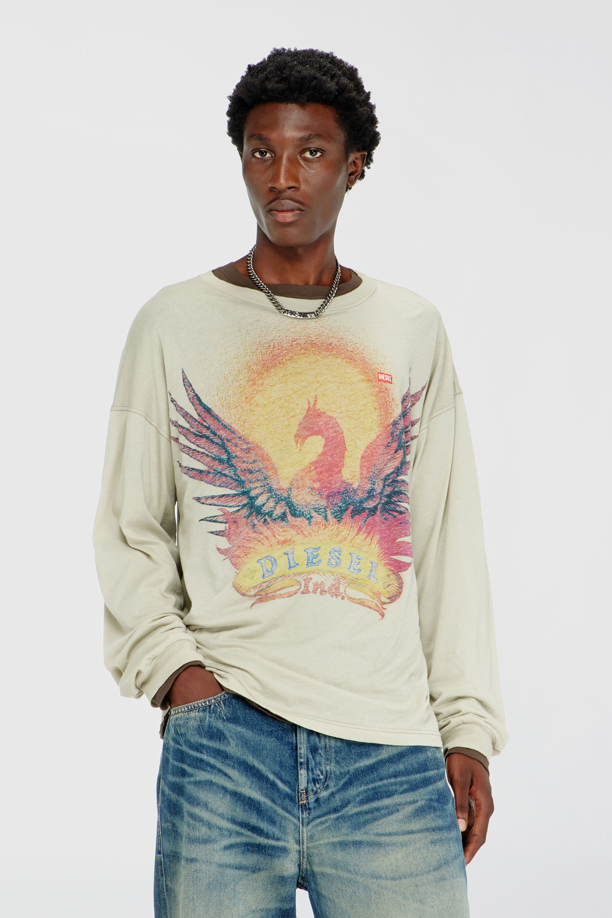 Diesel - T-BOXT-LS-AA1, Man's Long sleeve T-shirt with Phoenix graphic in Beige - 3