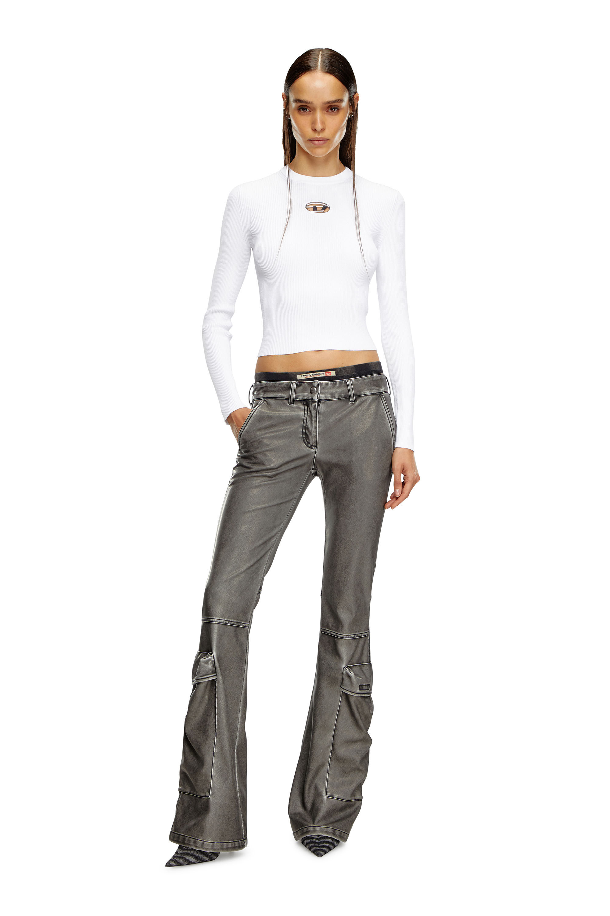 Diesel - M-VALARI, Woman's Rib-knit viscose-blend top with Oval D in White - 1