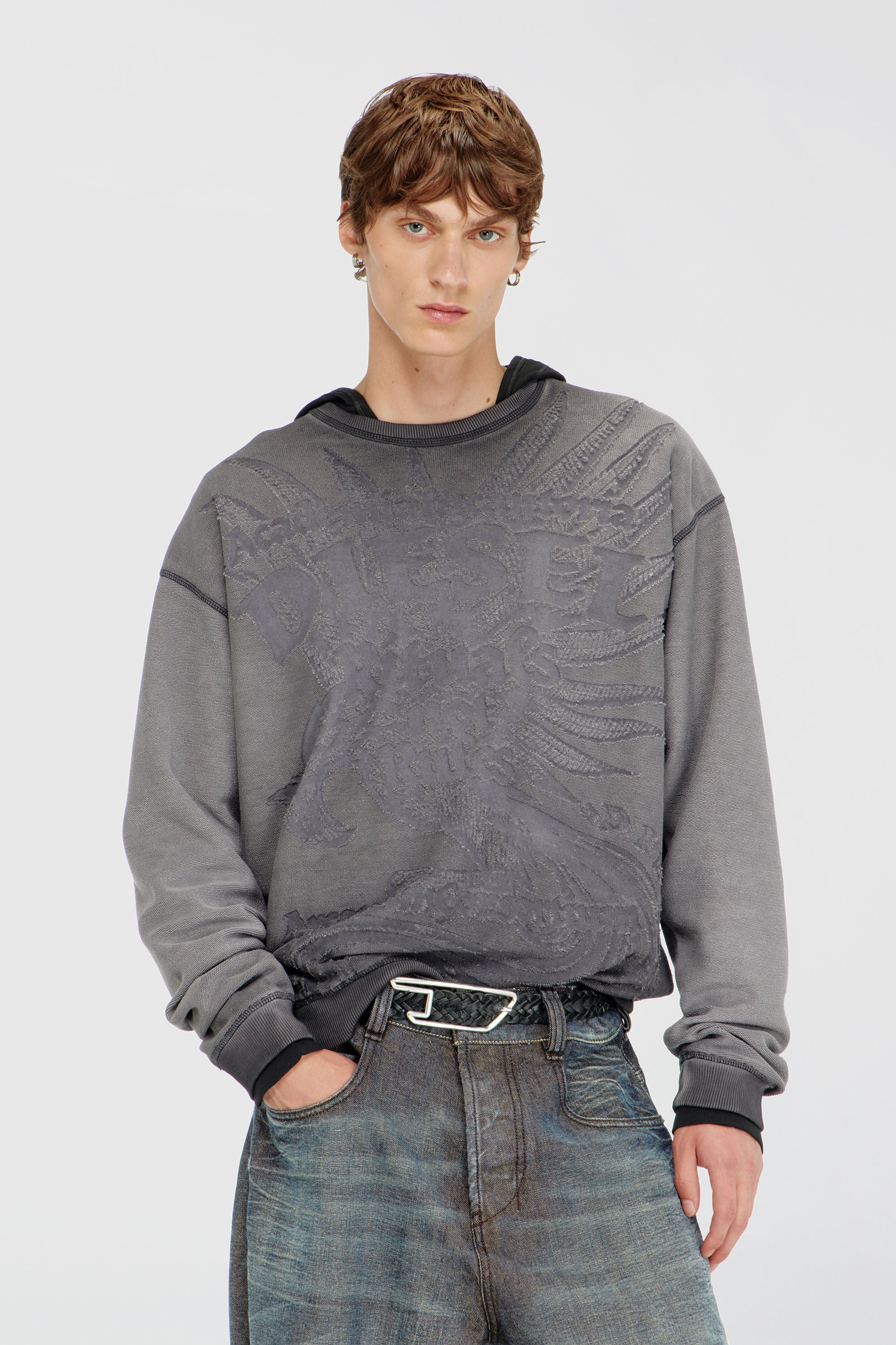 Diesel - S-ARON-RAW, Man's Sweatshirt with d&eacute;vor&eacute; print in Dark grey - 3