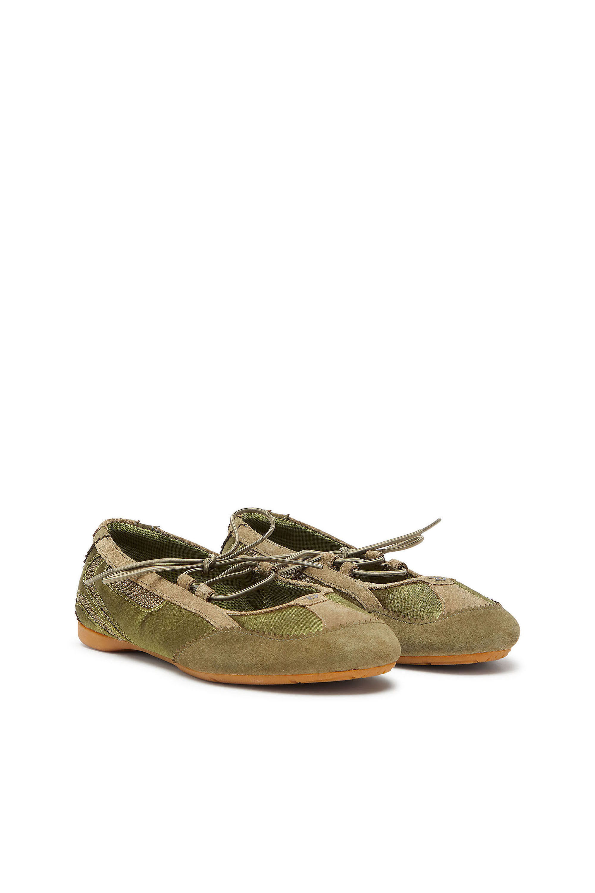 Diesel - D-MILE BALLERINA LACE UP II W, Woman's D-Mile - Lace-up ballerina flats in leather and mesh in Military Green - 2