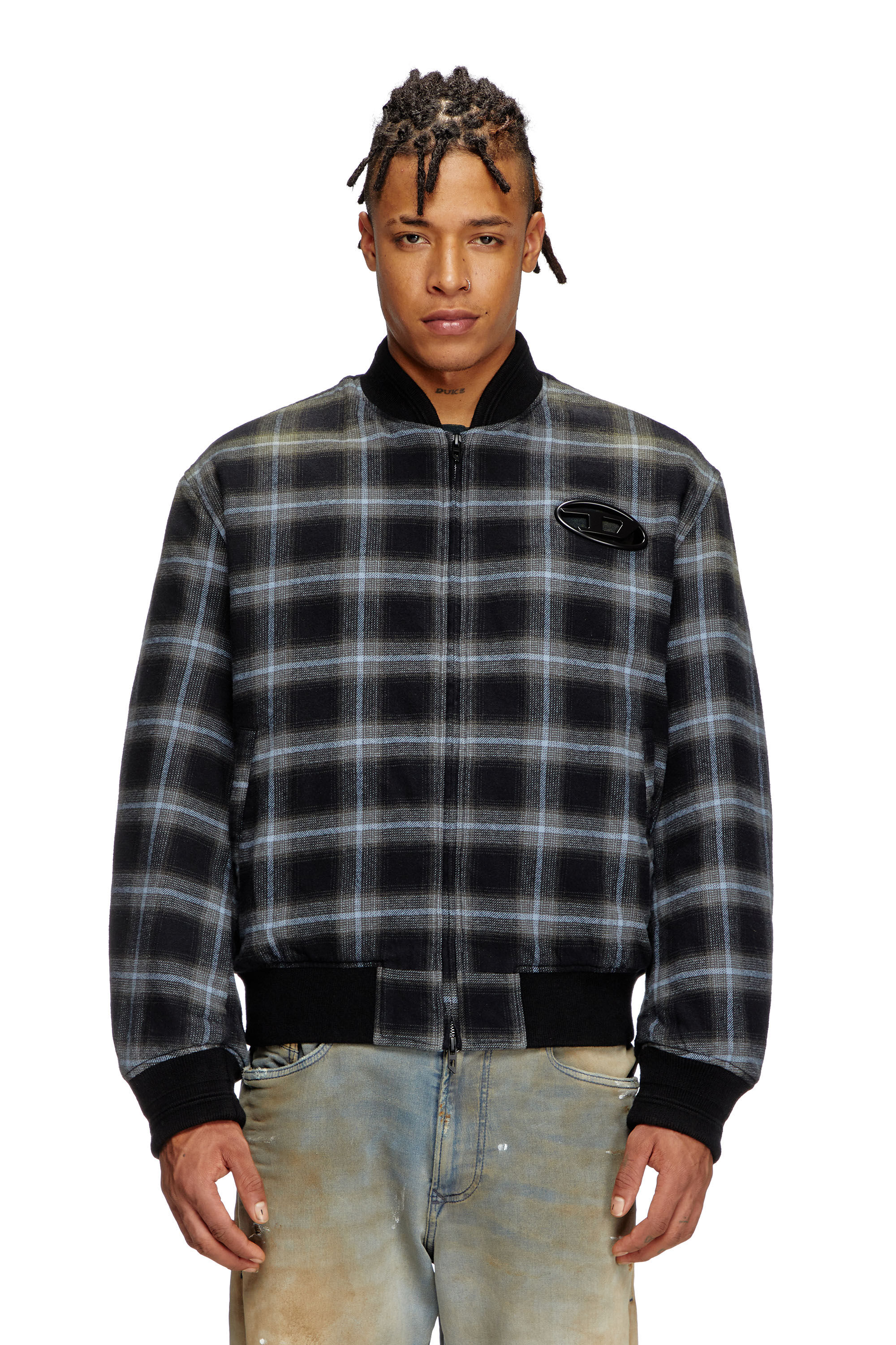 Diesel - J-SAINT, Man's Padded bomber jacket in check flannel in Black/Blue - 3