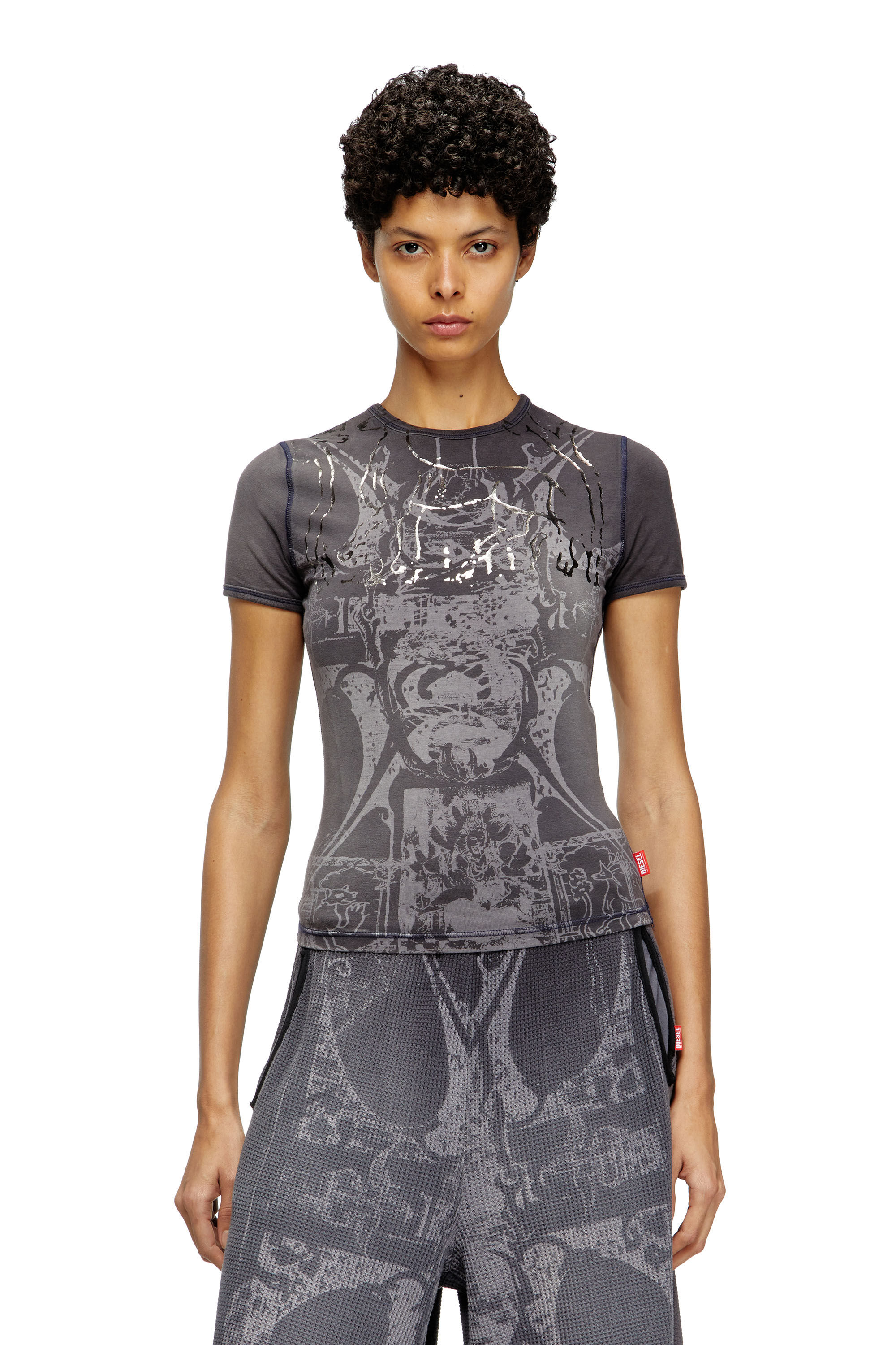 Diesel - T-UNCUTIES-LONG-R6, Woman's T-shirt with foil print in Black - 3