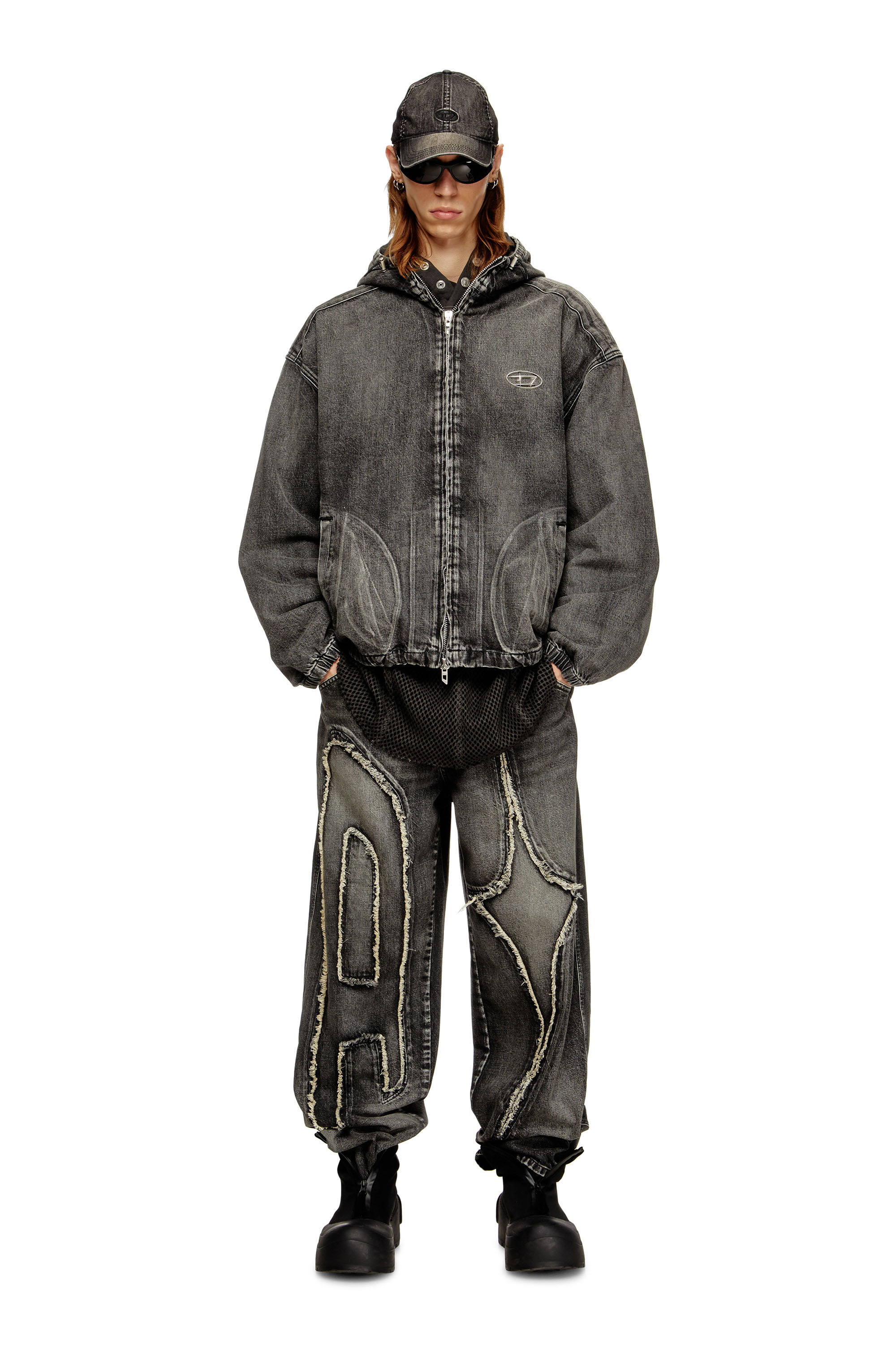 Diesel - THUGJACK, Unisex's Hooded jacket in faded denim in Black - 1