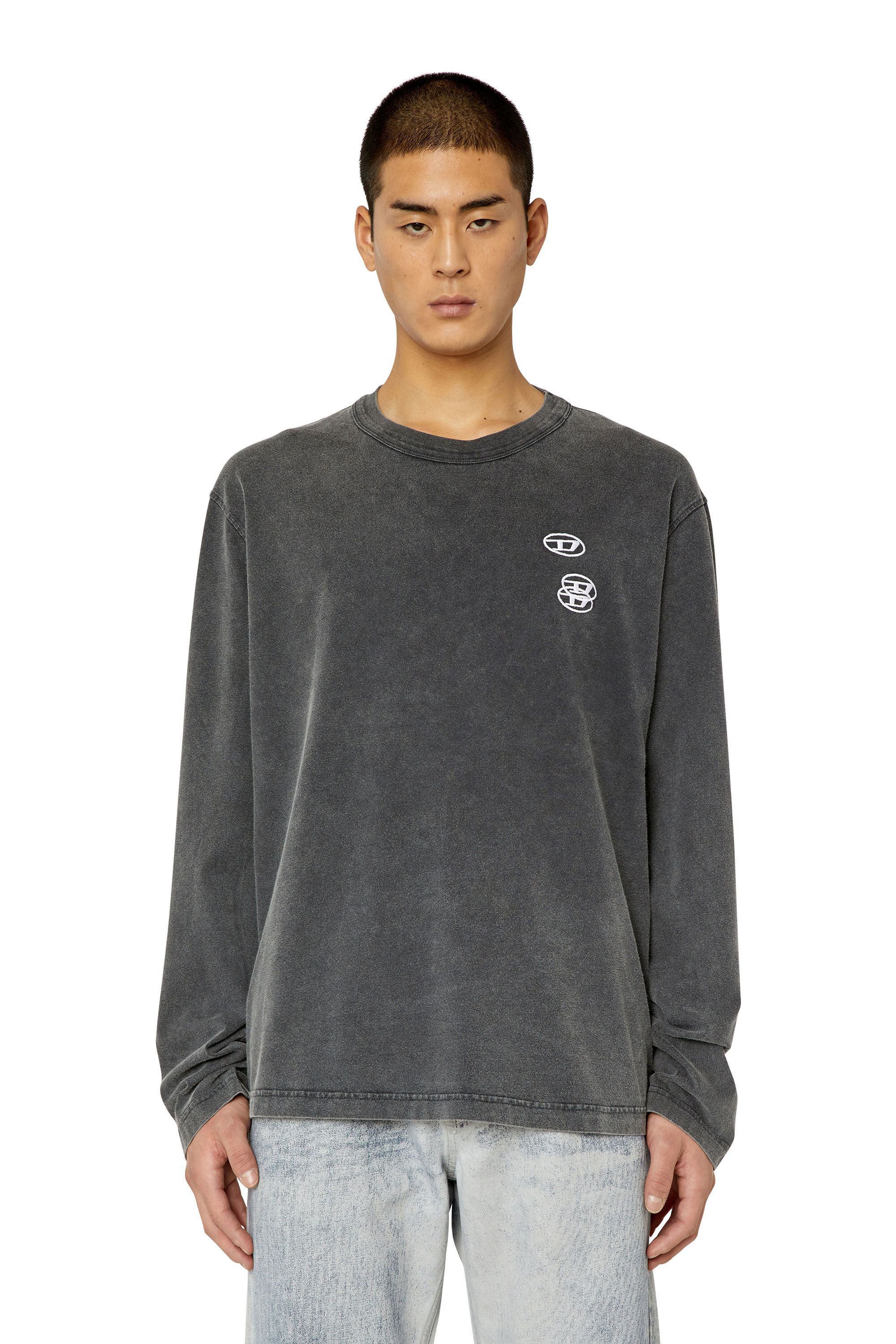 Diesel - T-CRANE-LS-SLITS, Man's T-shirt with triple logo embroidery in Black - 3