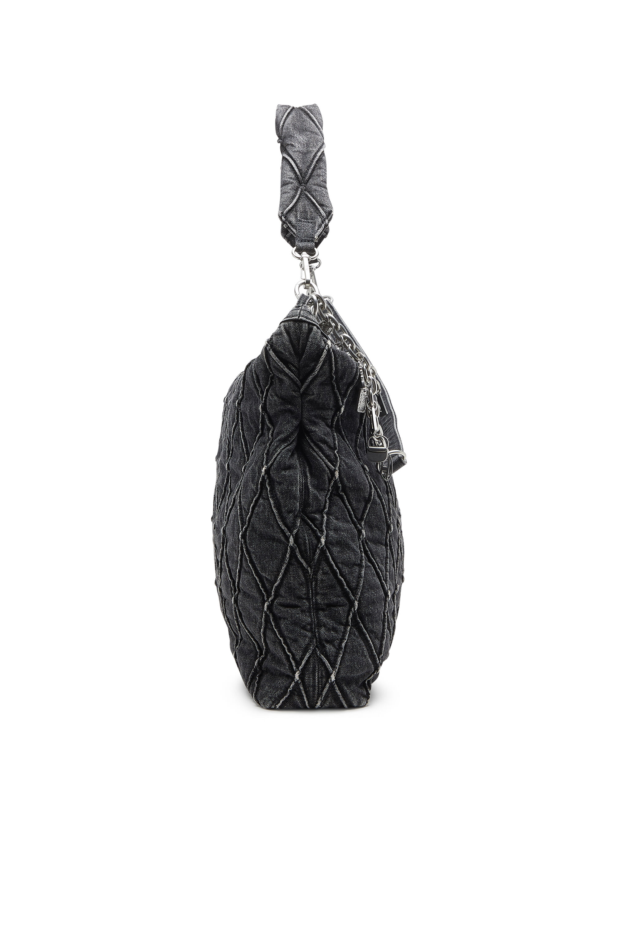 Diesel - HOSHI CHARM-D HOBO, Woman's Quilted-denim hobo bag with chain charms in Black - 4
