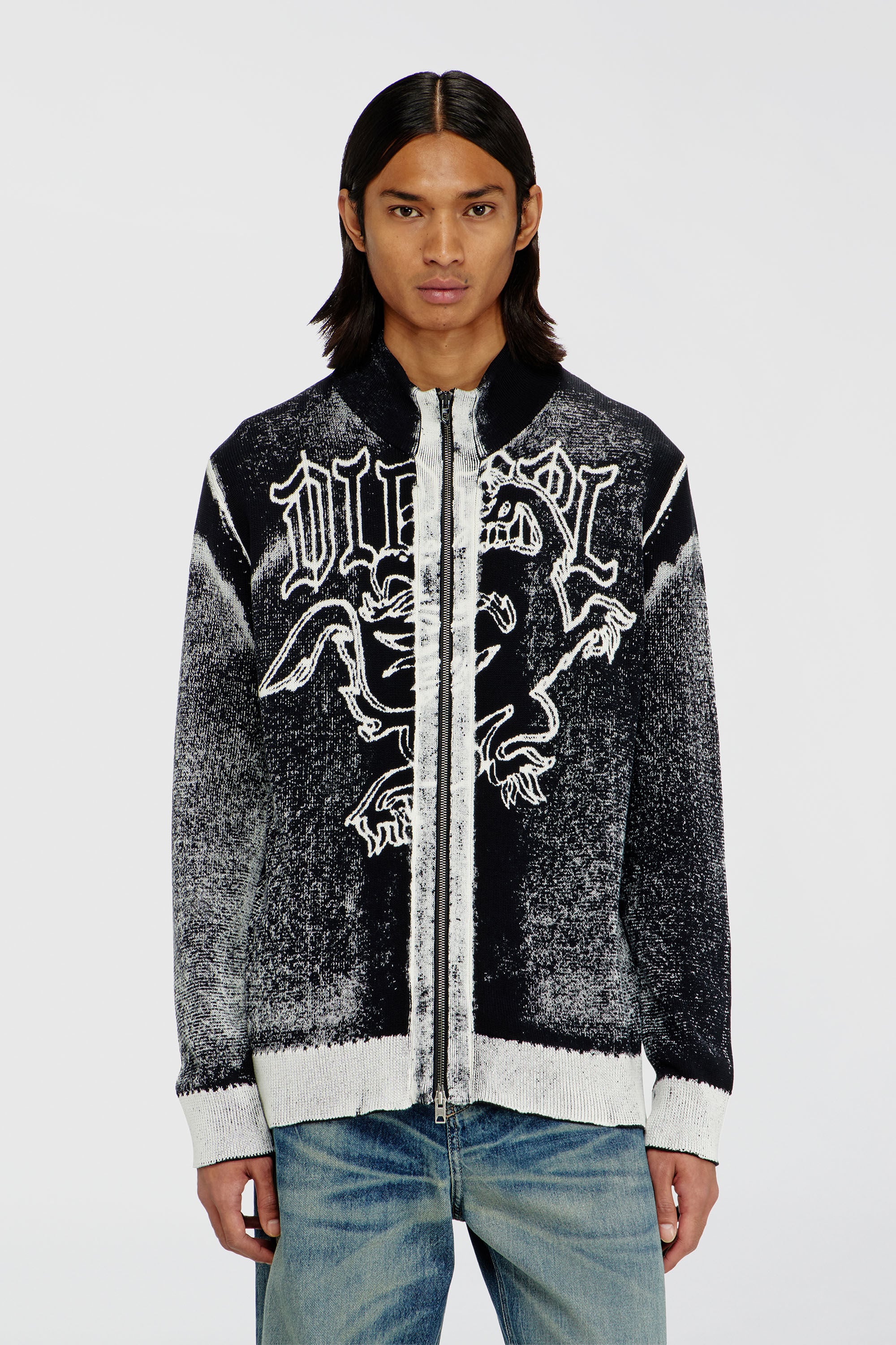 Diesel - K-LAUROS, Man's Treated zip cardigan with griffin motif in Black/White - 3