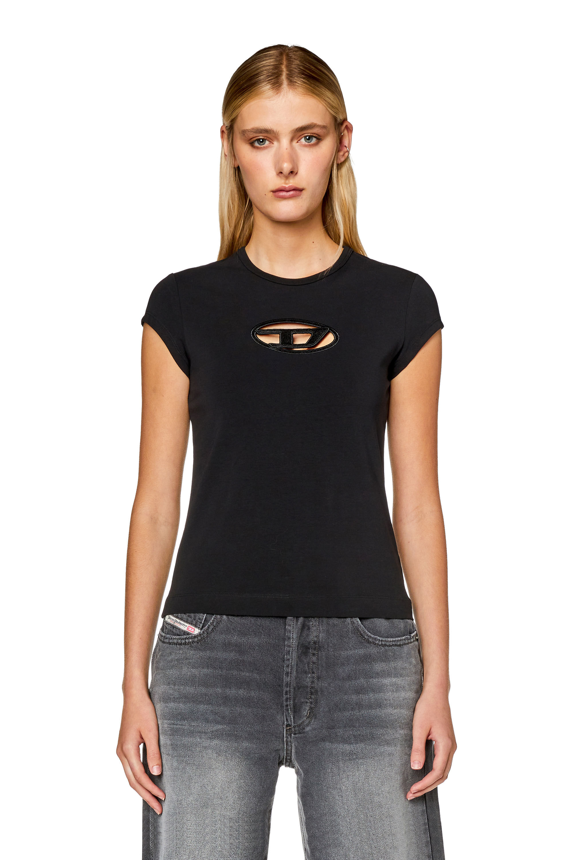 DIESEL ディーゼル T-ANGIE Dロゴ Tシャツ ブラック　S T-ANGIE Woman: Cotton T-shirt with cut-out D logo | Diesel {{Country}}