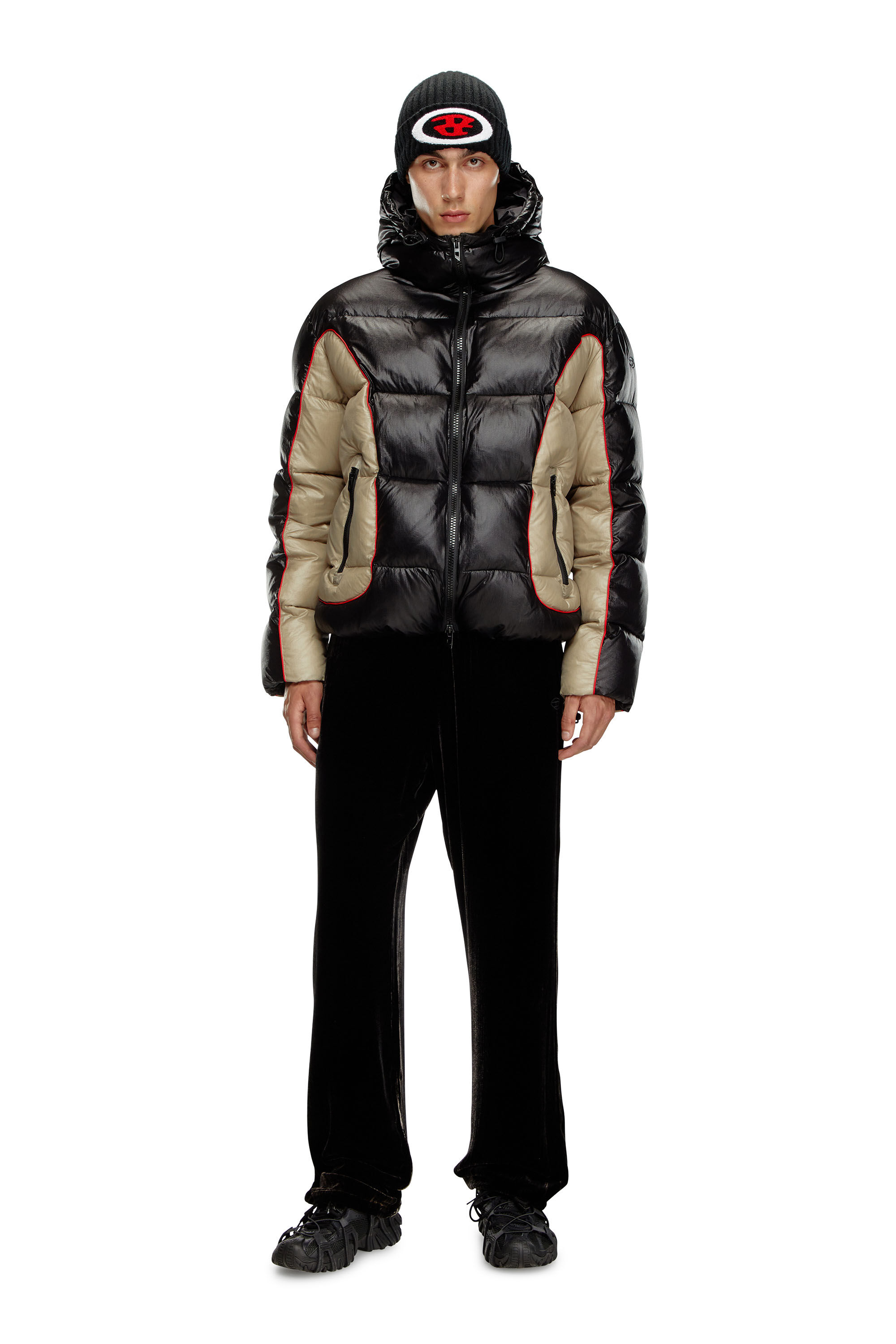 Diesel - W-OSTEND, Man's Hooded puffer jacket in shiny ripstop in Black/Beige - 1