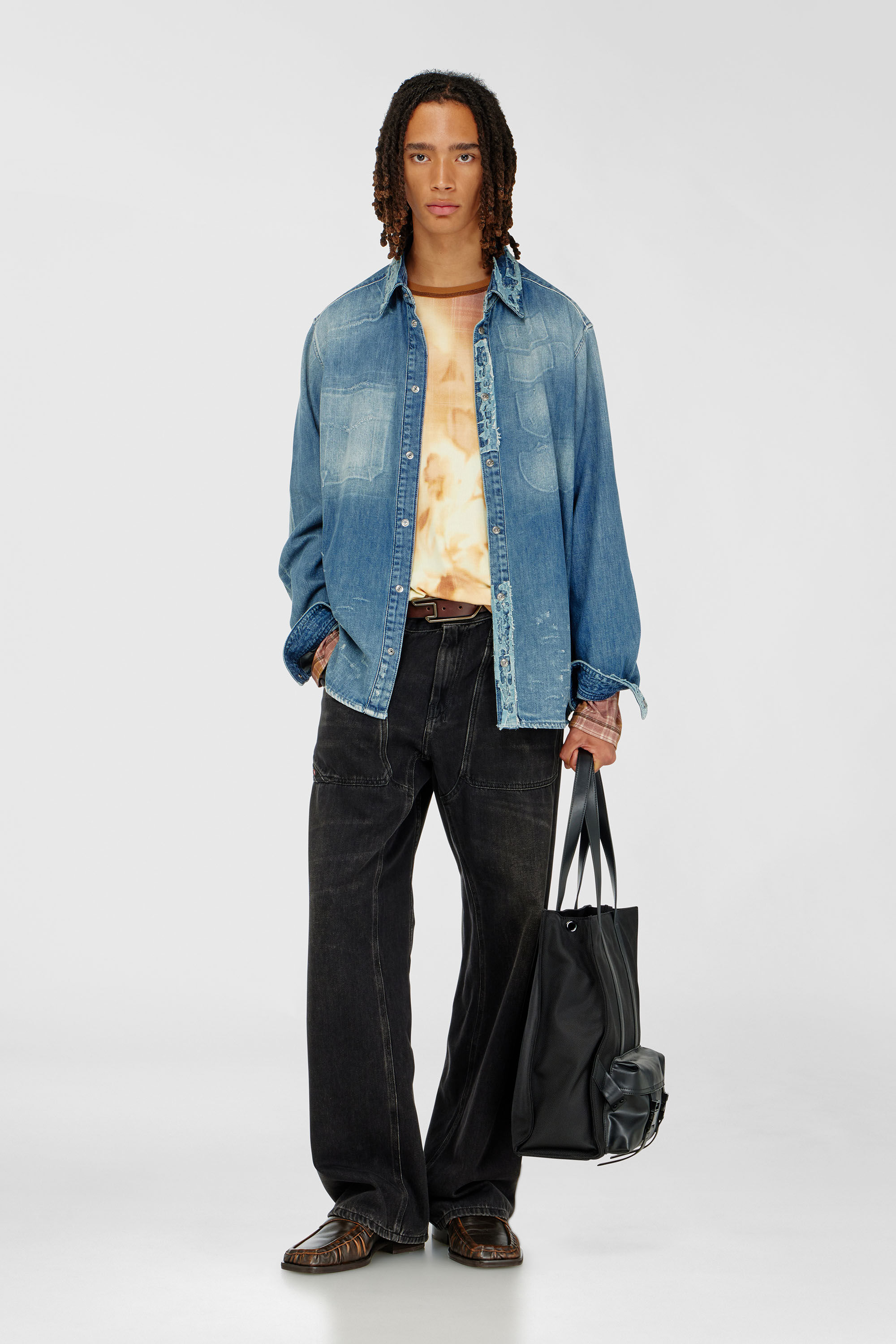Diesel - D-SIMPLY, Man's Shirt in distressed patch-effect denim in Light Blue - 1