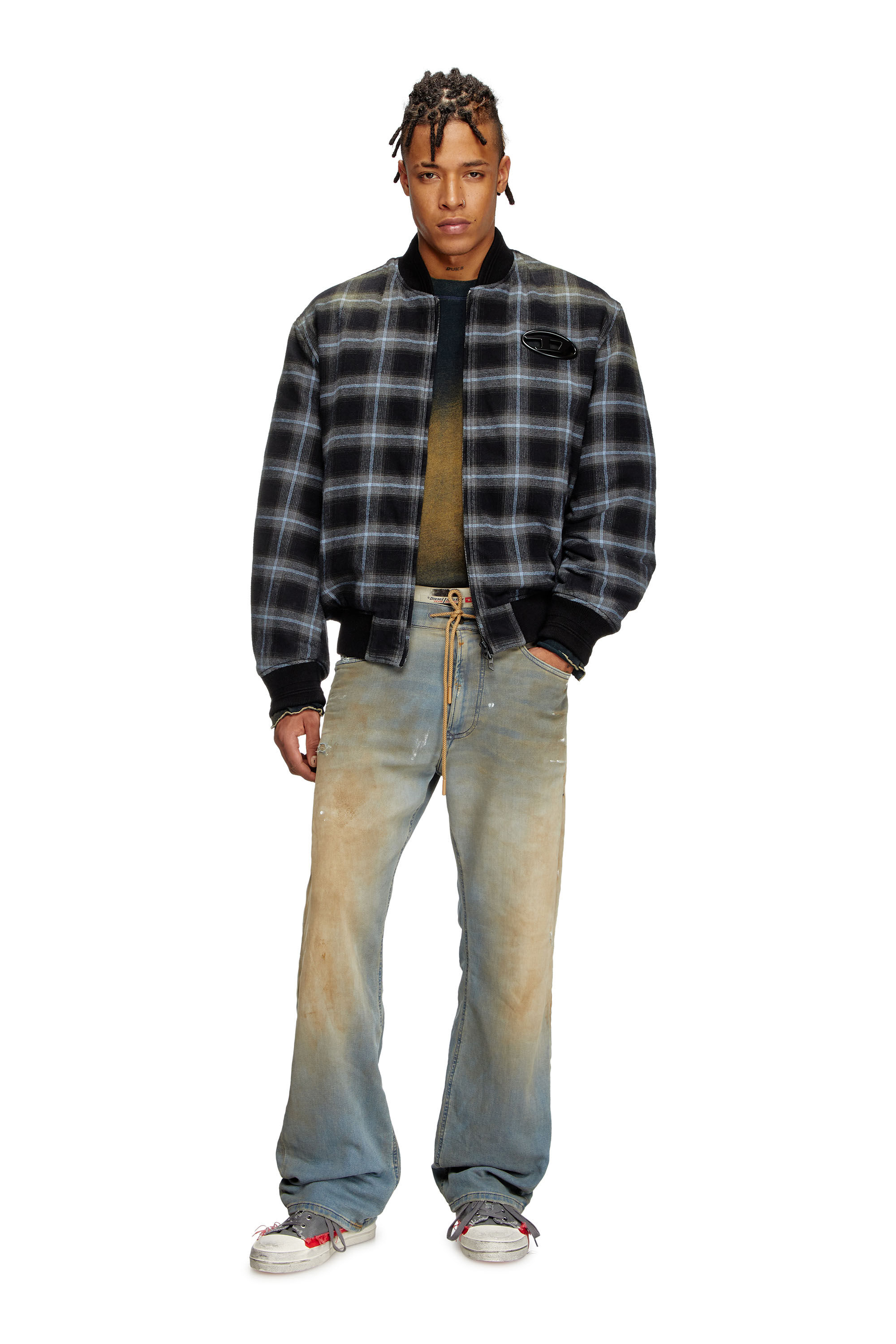 Diesel - J-SAINT, Man's Padded bomber jacket in check flannel in Black/Blue - 1