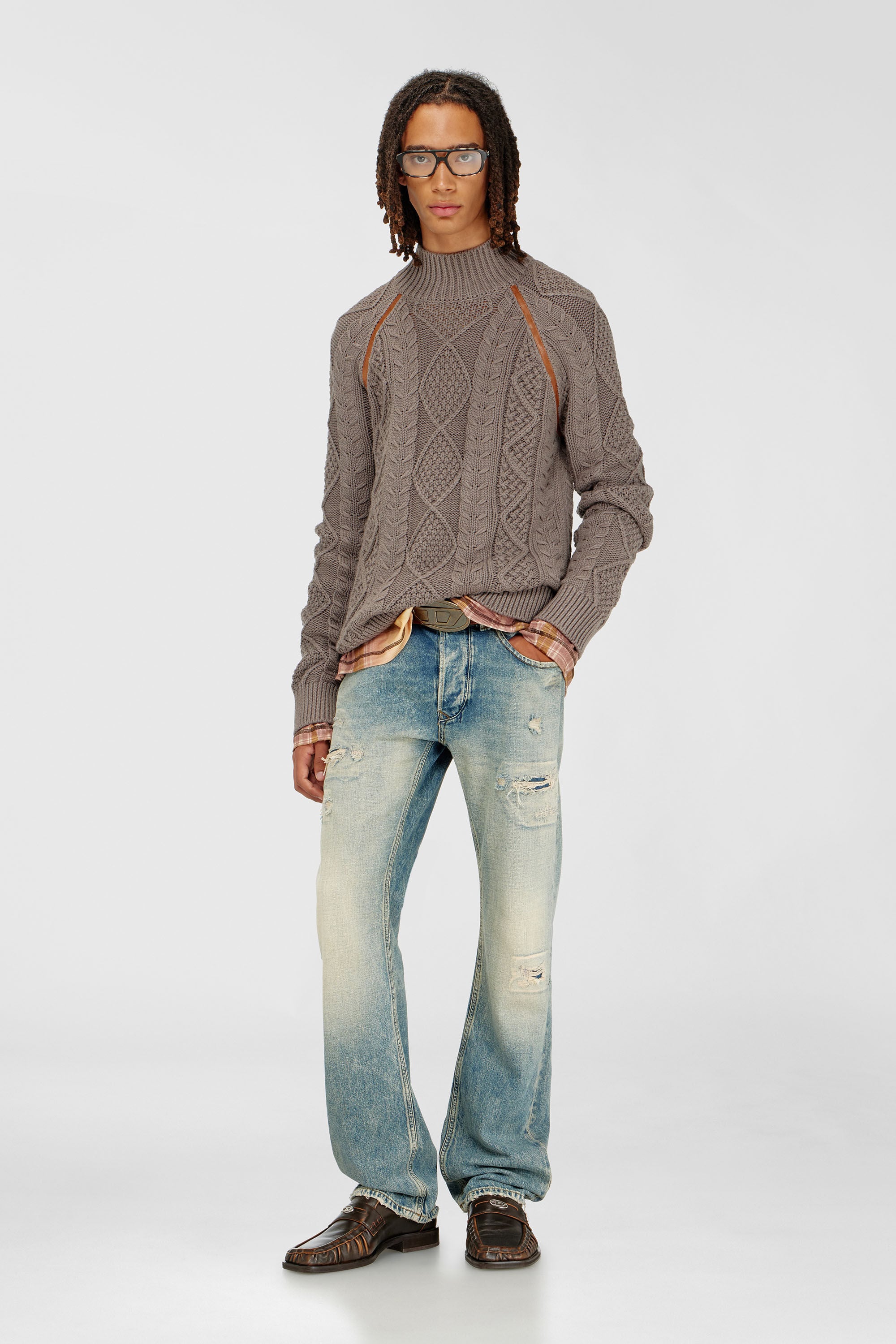 Diesel - K-INOME, Man's Turtleneck jumper in cable knit in Grey - 1