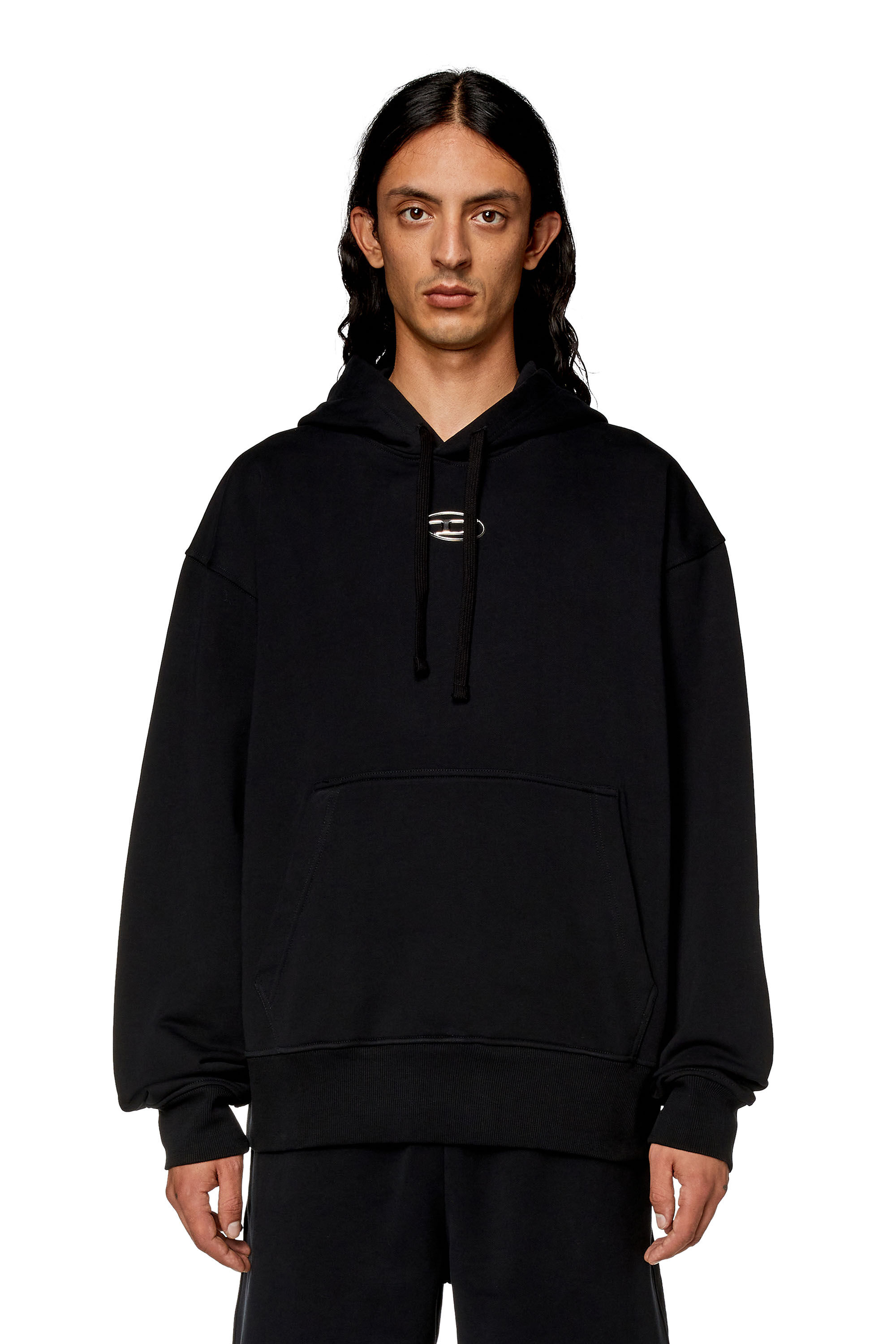 【DIESEL】S-Macsis-Od S-MACS-HOOD-OD Men: Oversized black hoodie metallic logo