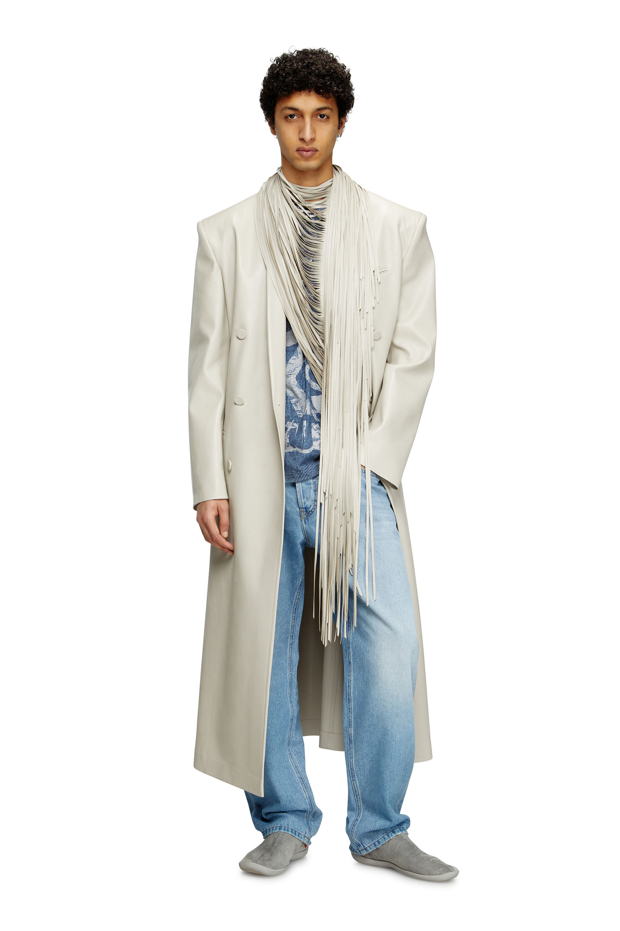 Diesel - J-ELDAR-A, Man's Long coat with shredded scarf fringing in Light Grey - 3