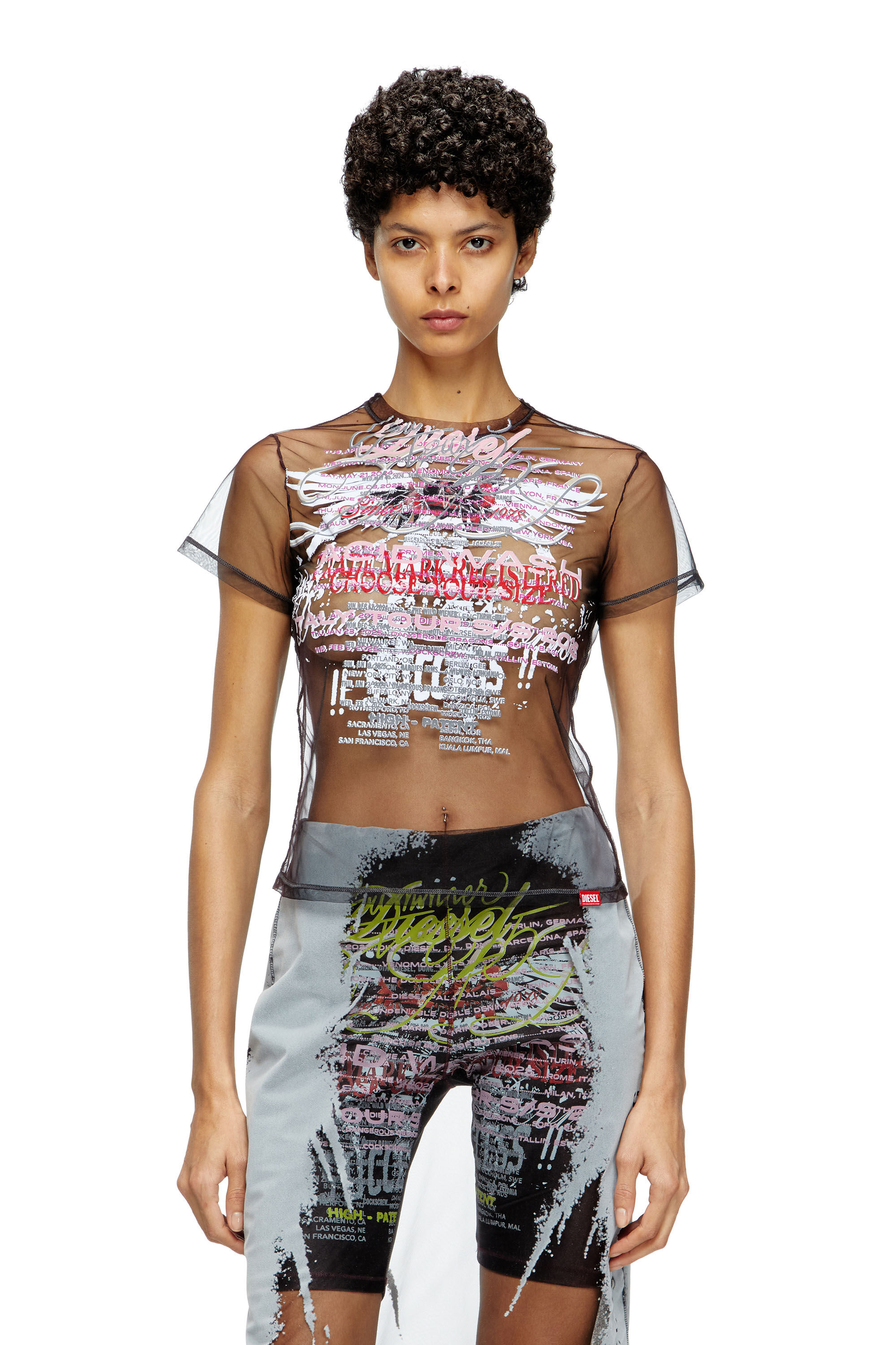 Diesel - T-YRAC, Woman's Sheer top with lyrics print in Black - 3