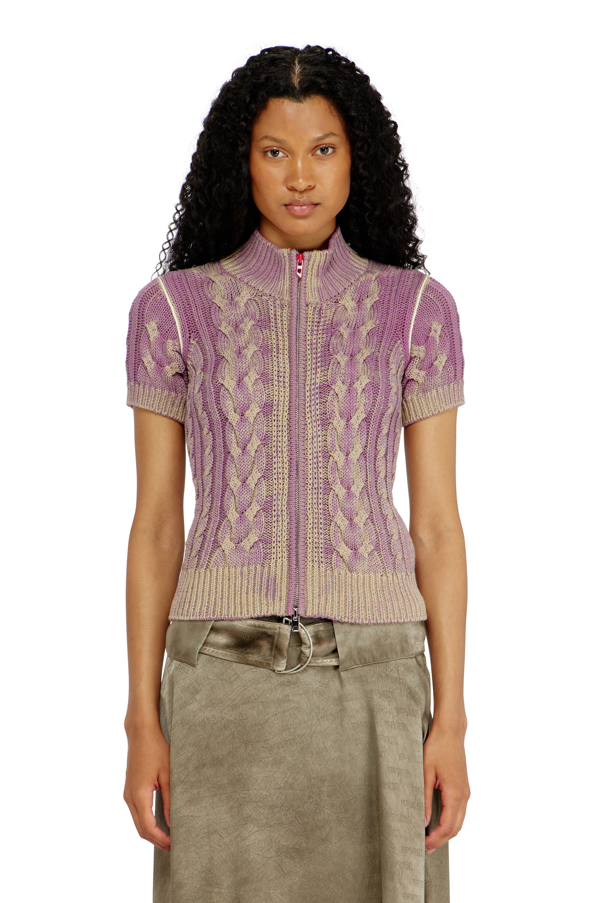 Diesel - M-ELANA, Woman's Short-sleeve zip cardigan in cable knit in Beige/Violet - 3