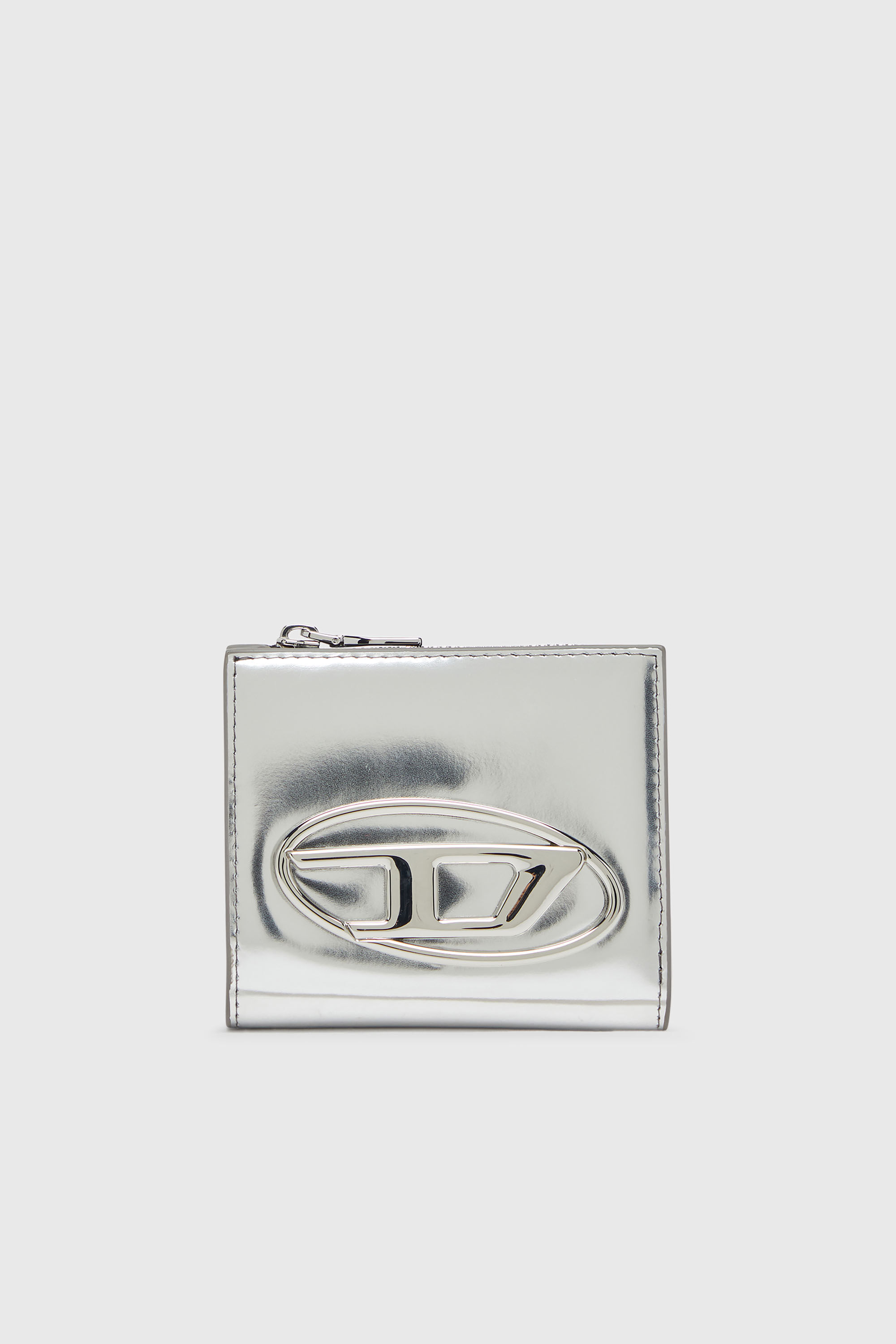 Diesel - 1DR BI FOLD ZIP L, Woman's Bi-fold card holder in mirrored leather in Silver - 1