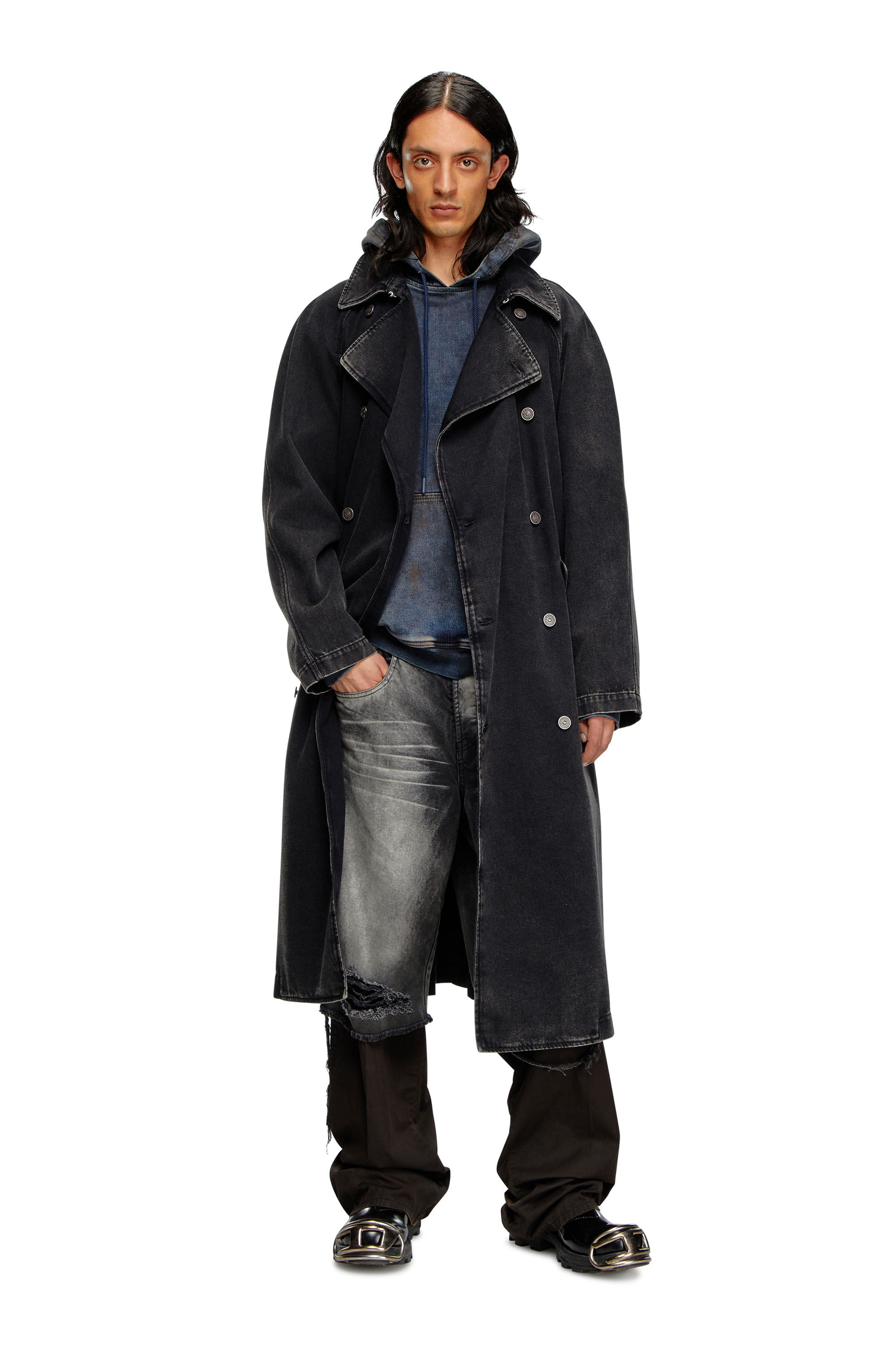 Men s Trench coat in clean wash Denim Black Diesel