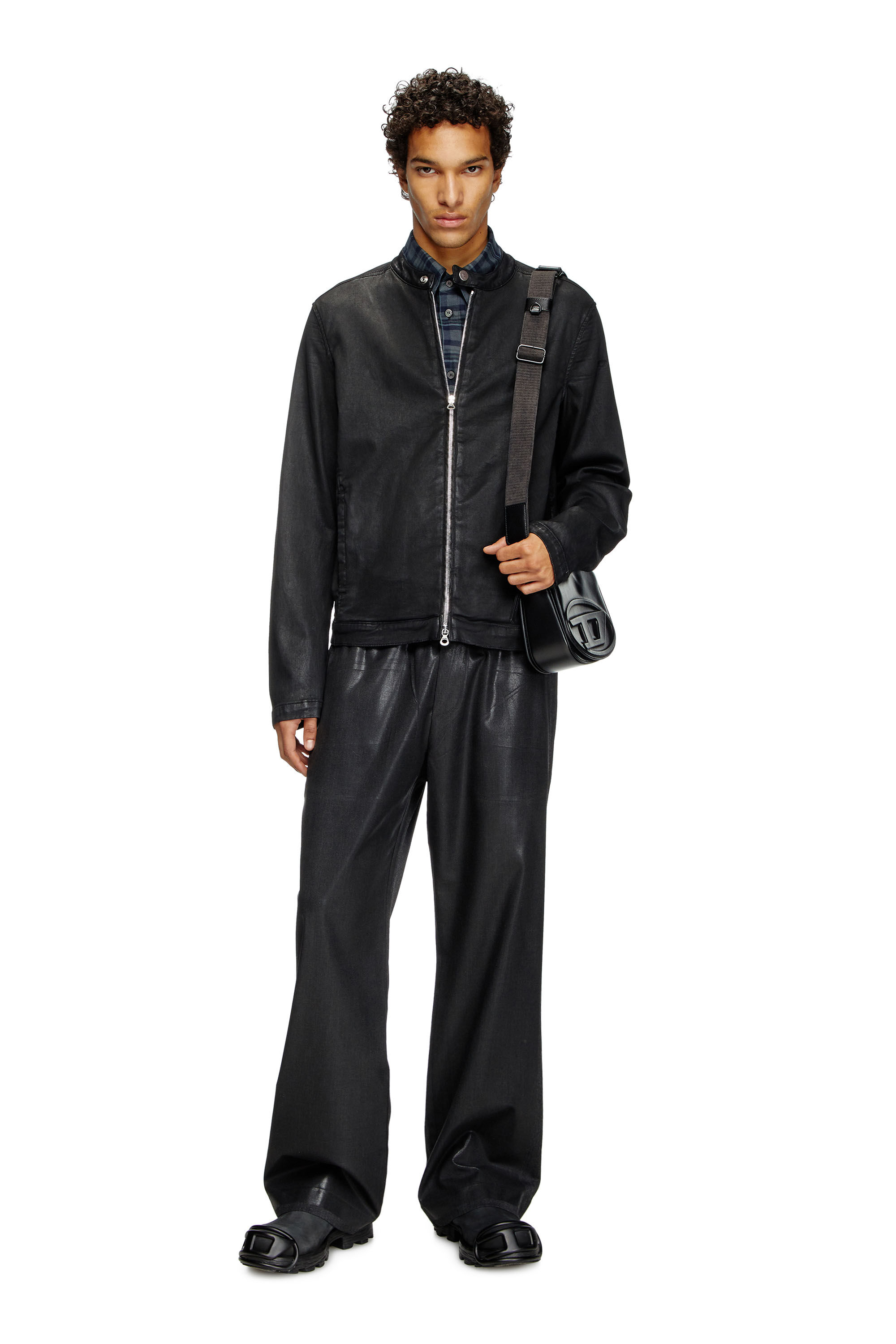 Diesel - D-GLORY JOGG, Man's Moto jacket in coated JoggJeans in Black - 1