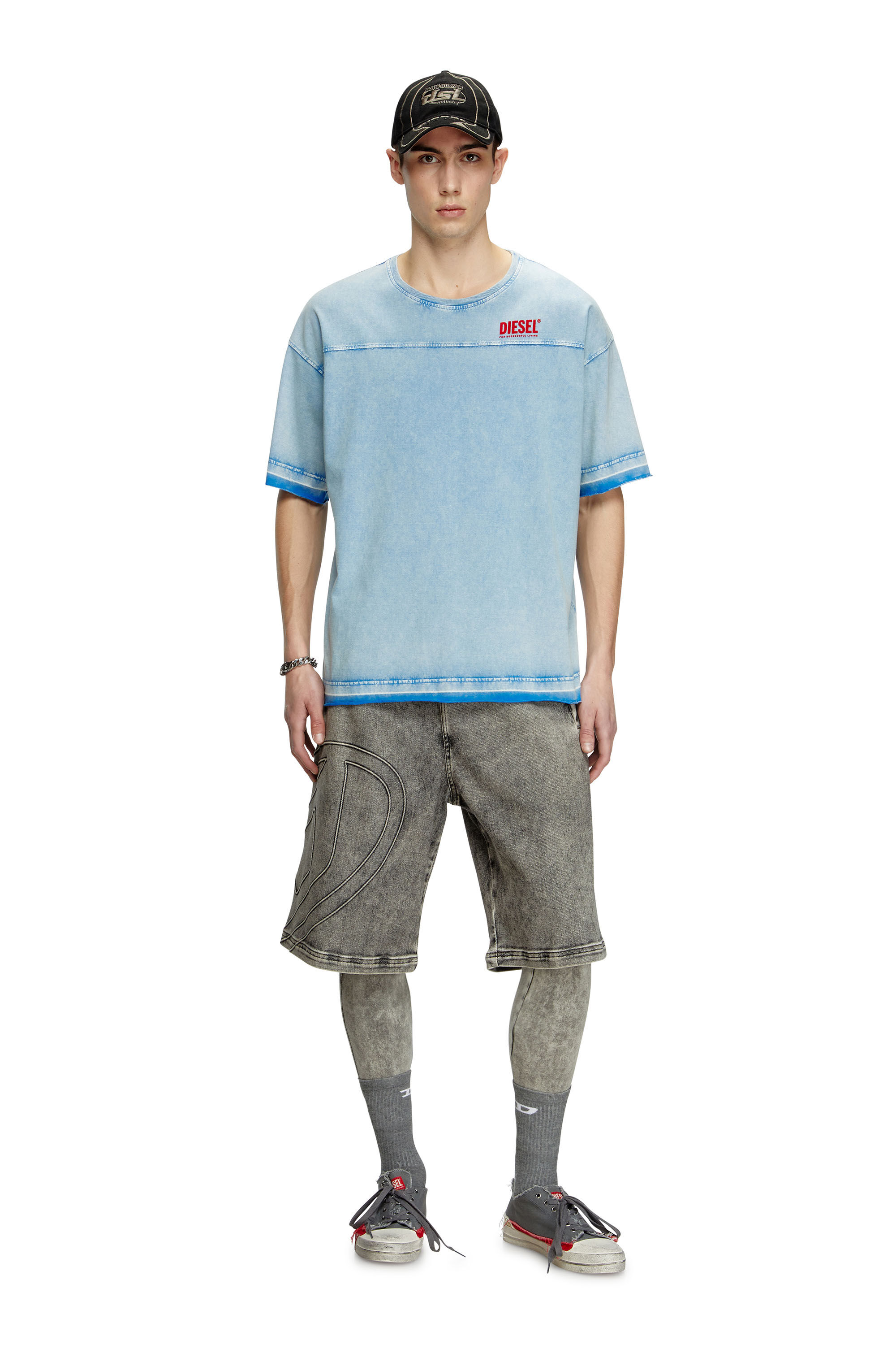 Diesel - T-HOXT, Man's Denim-look T-shirt with released hems in Light Blue - 1