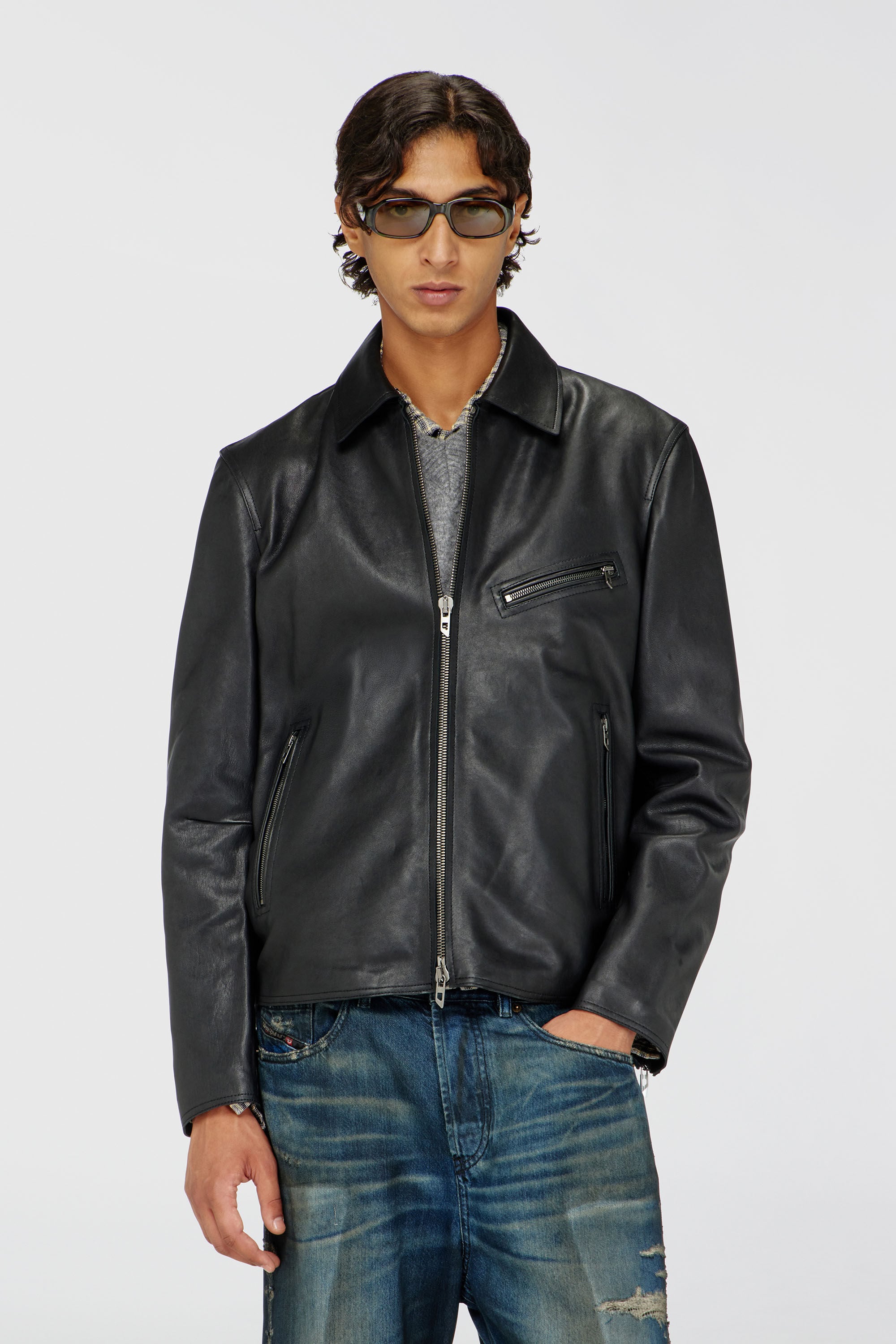 Diesel - L-KORN-A, Man's Leather jacket with embossed Oval D in Black - 3