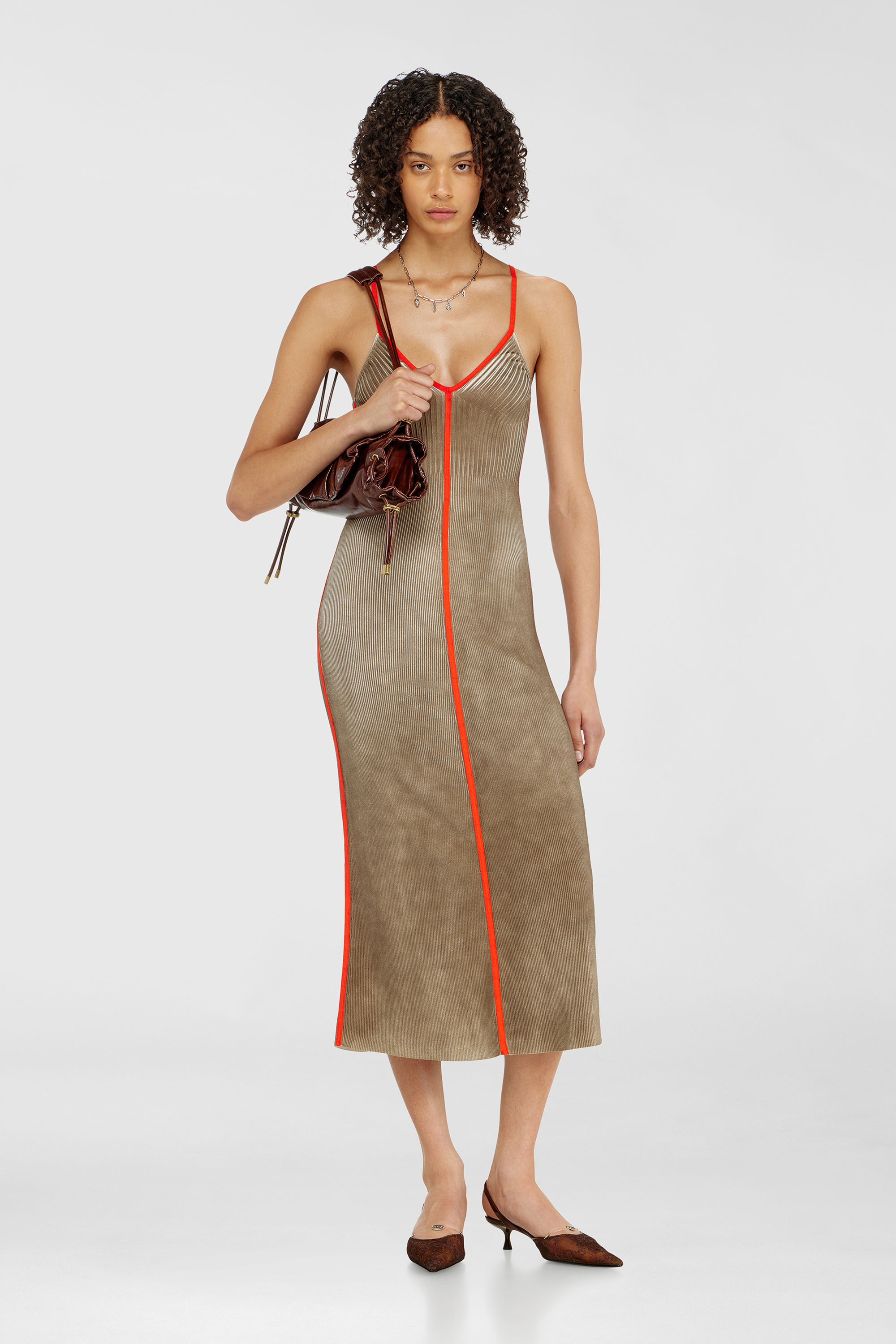Diesel - M-SARMELA, Woman's Rib-knit midi cami dress with contrast bands in Red/Brown - 1