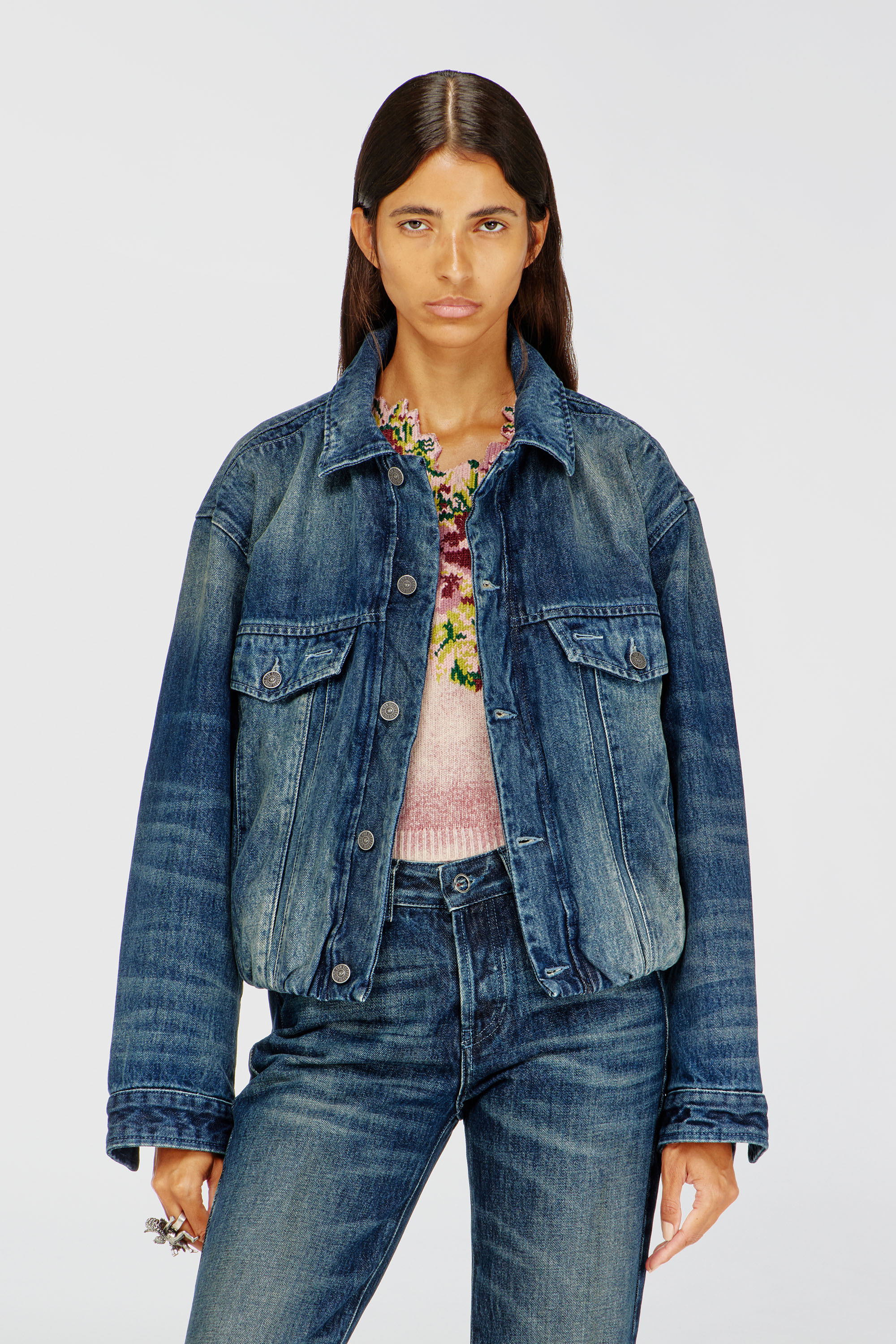 Diesel - DE-MORVI-FSJ, Woman's Elasticated trucker jacket in denim in Dark Blue - 3