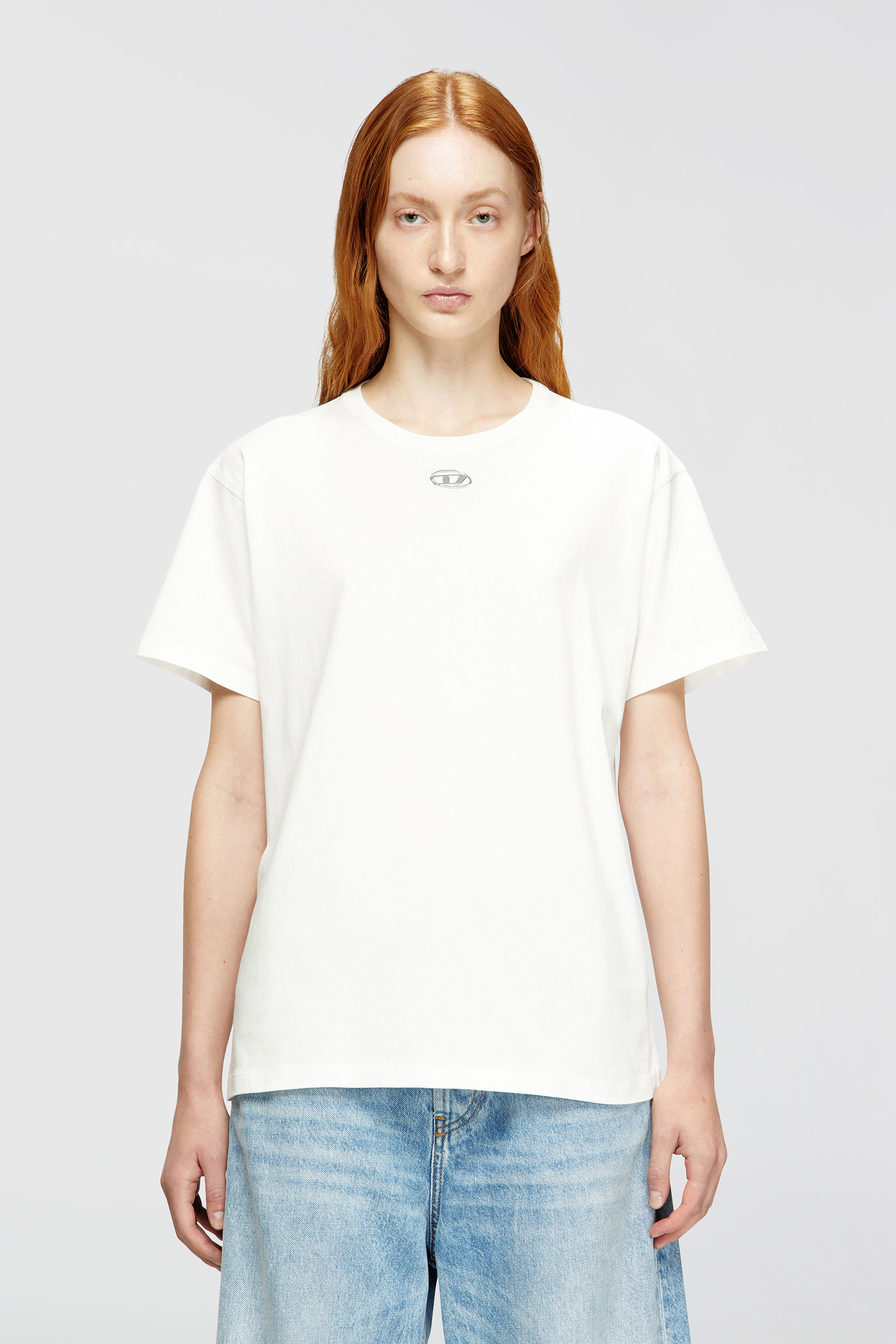 Diesel - T-NORMY-OD-S1, Woman's Cotton T-shirt with metallic Oval D in White - 1