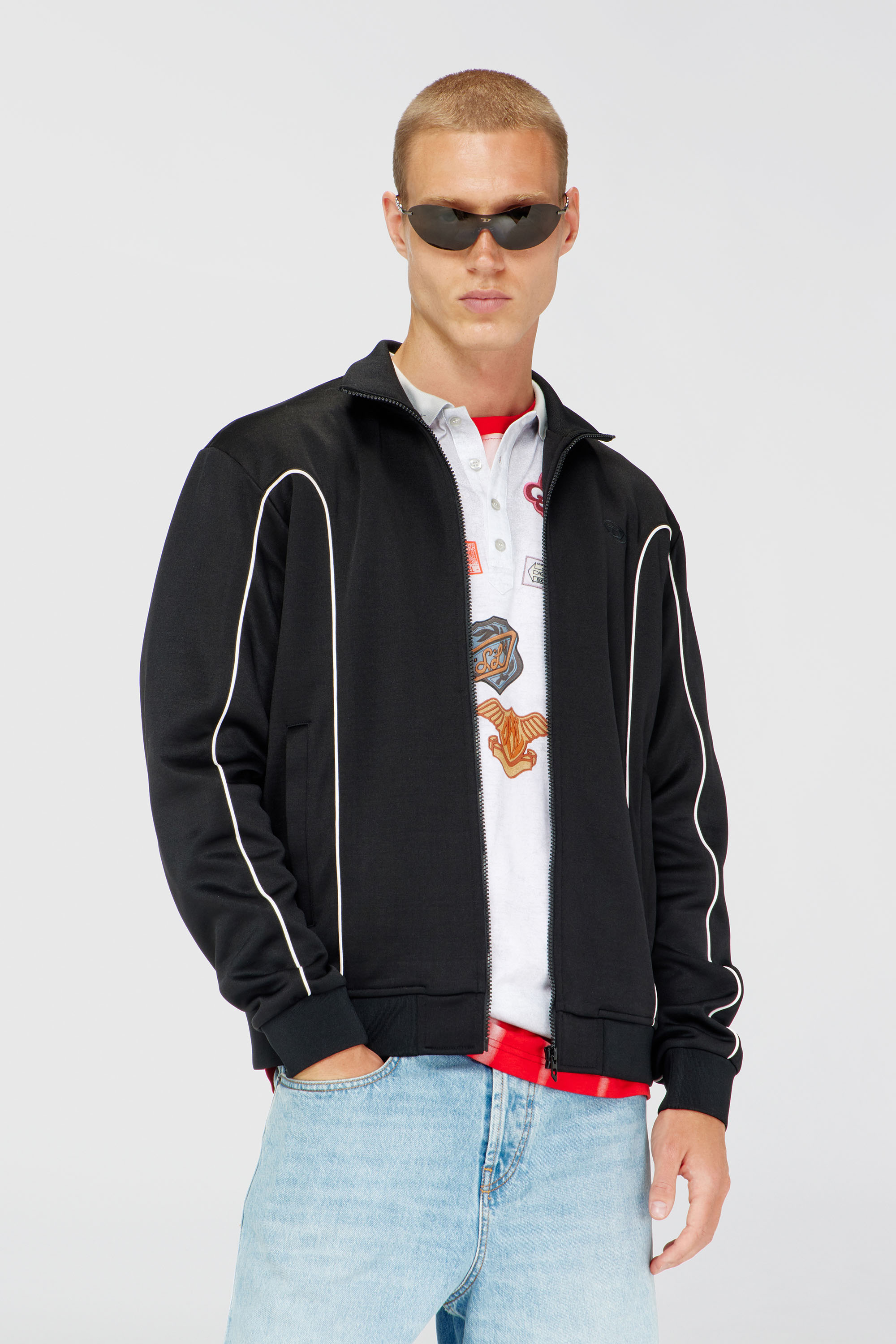 Diesel - S-LOCKING-DO, Man's Sweat fabric track jacket with contrast piping in Black - 1