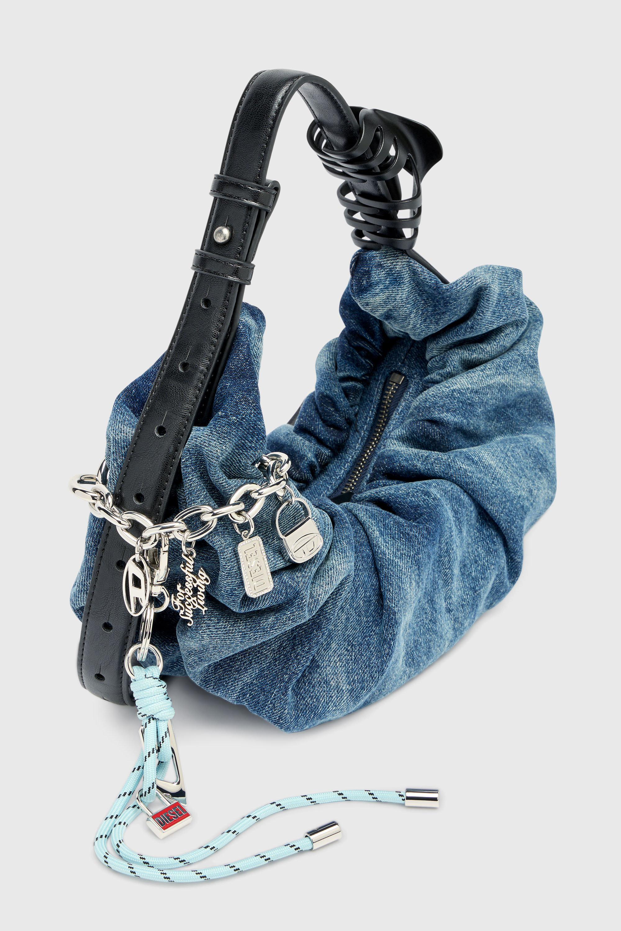 Diesel - GRAB-D HOBO S, Woman's Grab-D-Small scrunched hobo bag in treated denim in Medium blue - 2