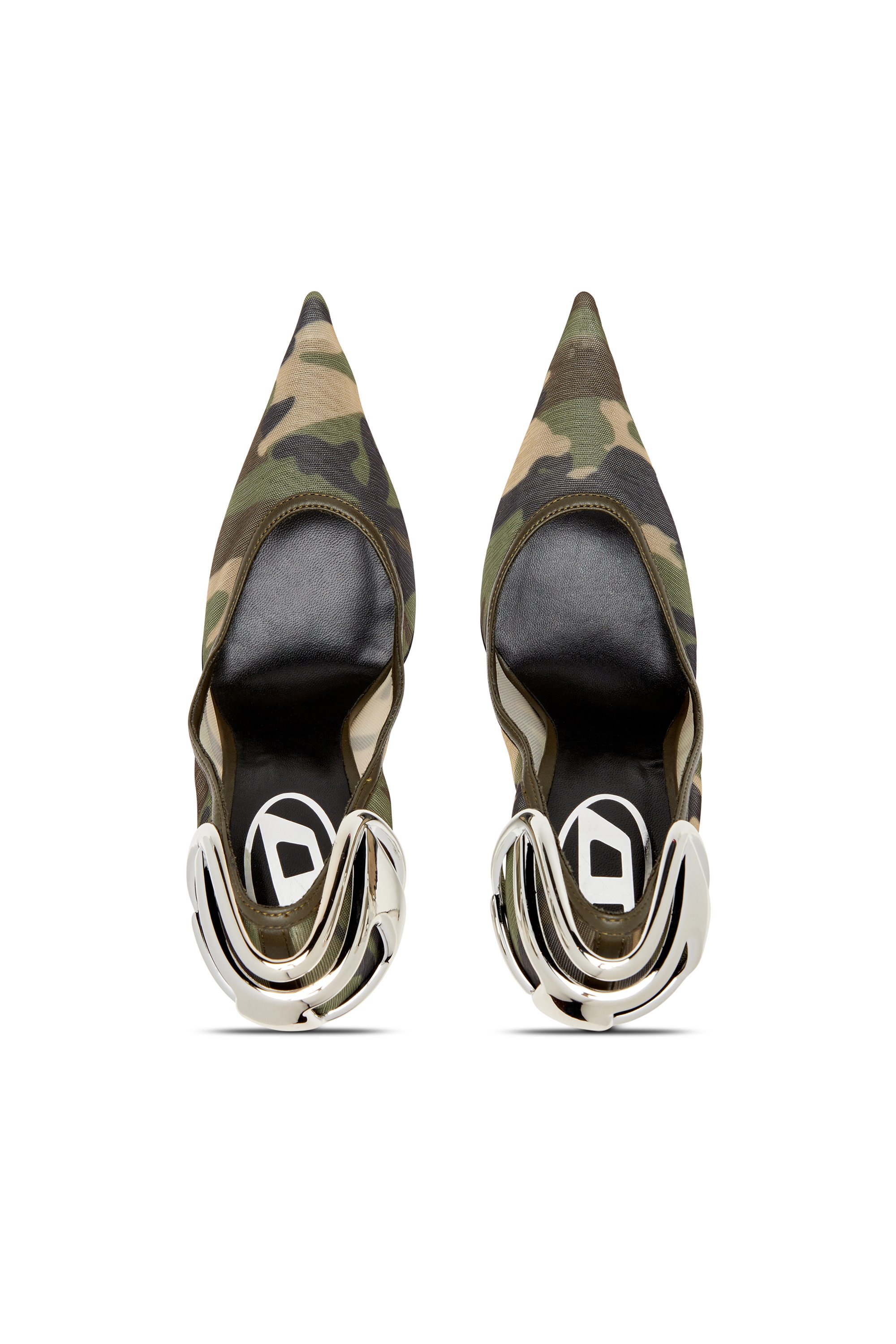 Diesel - D-TEN&HALF P, Woman's D-Ten&Half-Camo-mesh pumps with curved heel in Military Green - 4