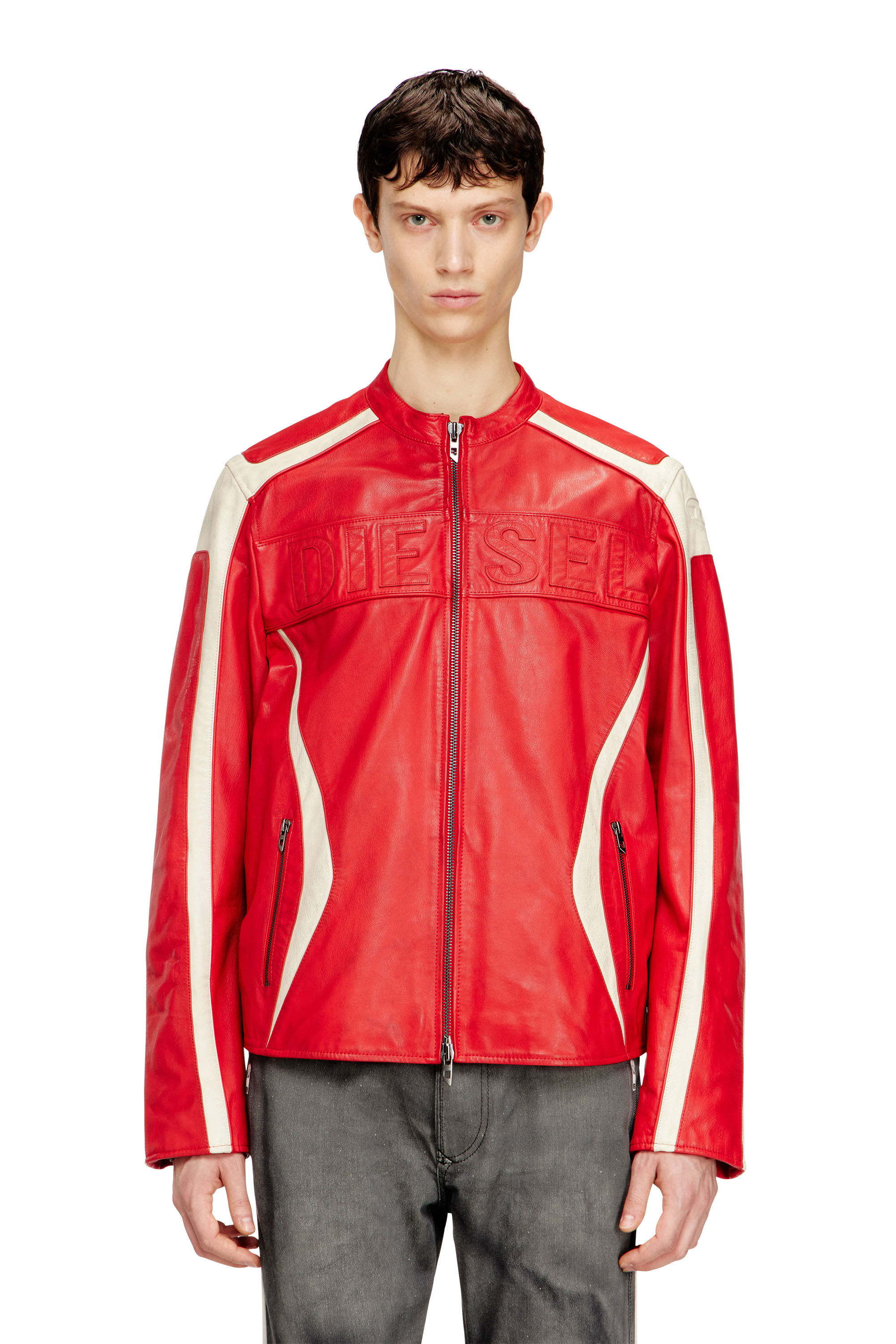Diesel - L-ADAM, Man's Colour-block leather biker jacket in Red/White - 1