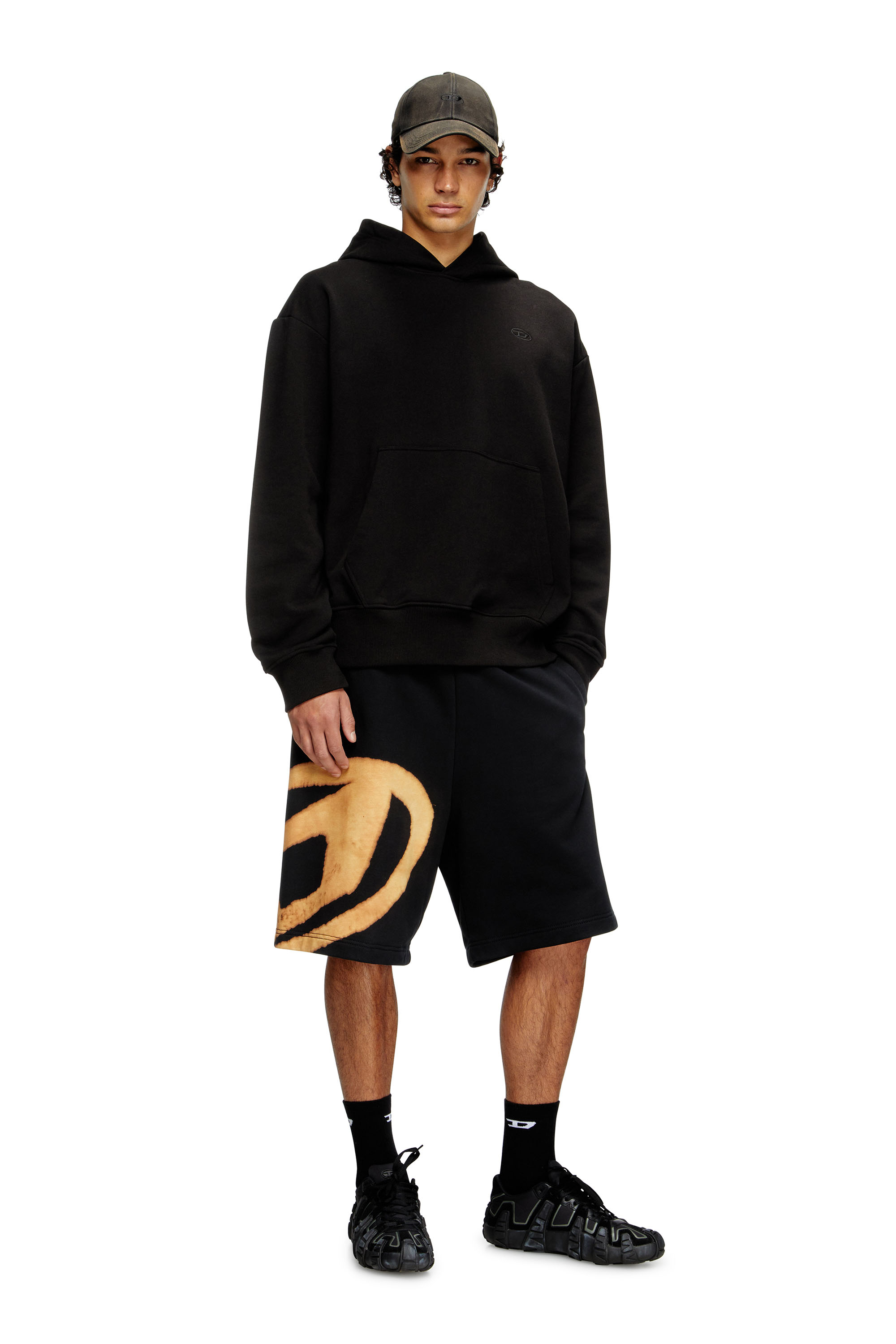 Diesel - P-CROW-BLEACH, Man's Sweat shorts with bleached logo in Black/Orange - 1