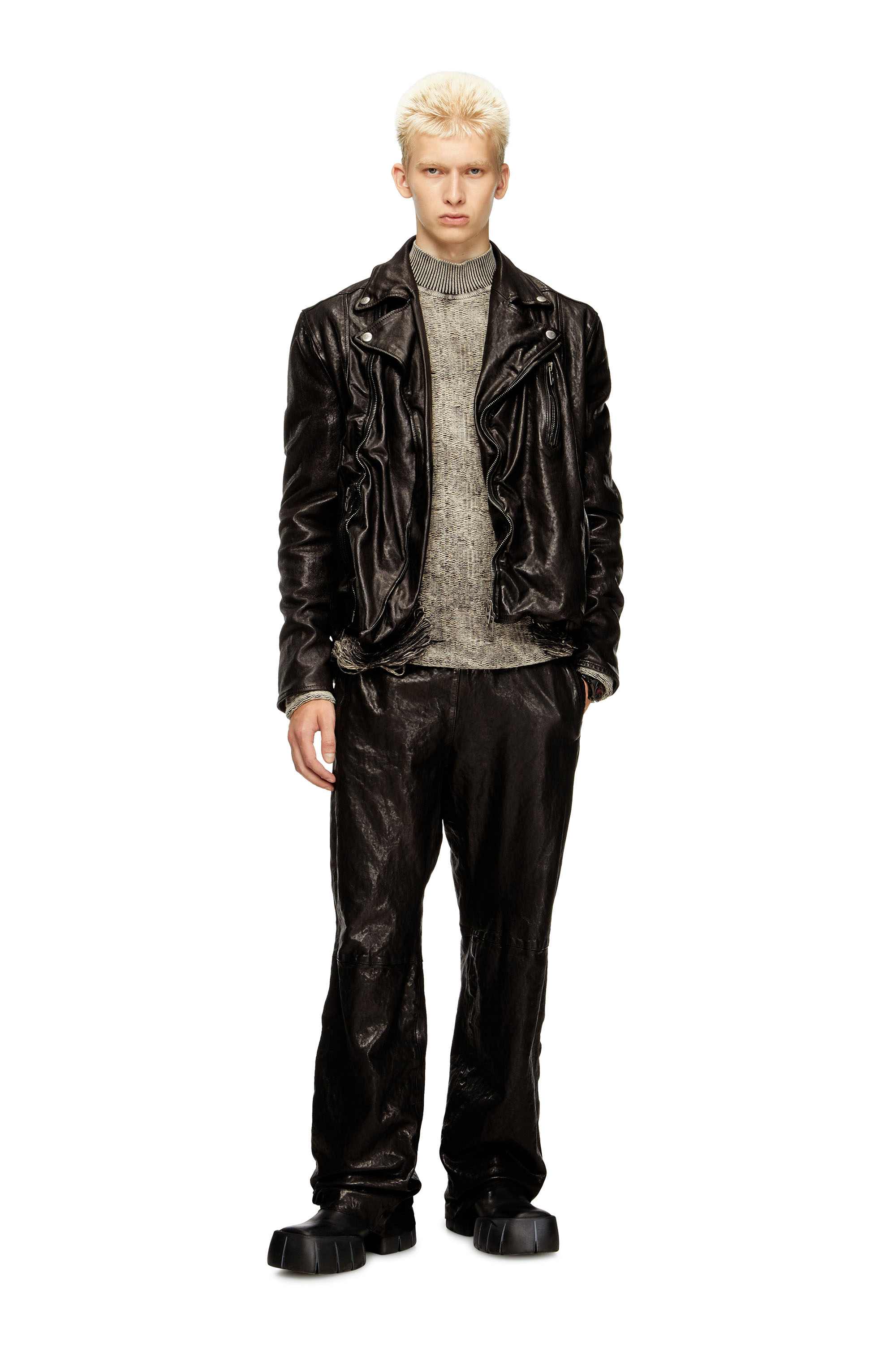 Diesel - P-BRU, Man's Elasticated pants in boiled leather in Black - 1