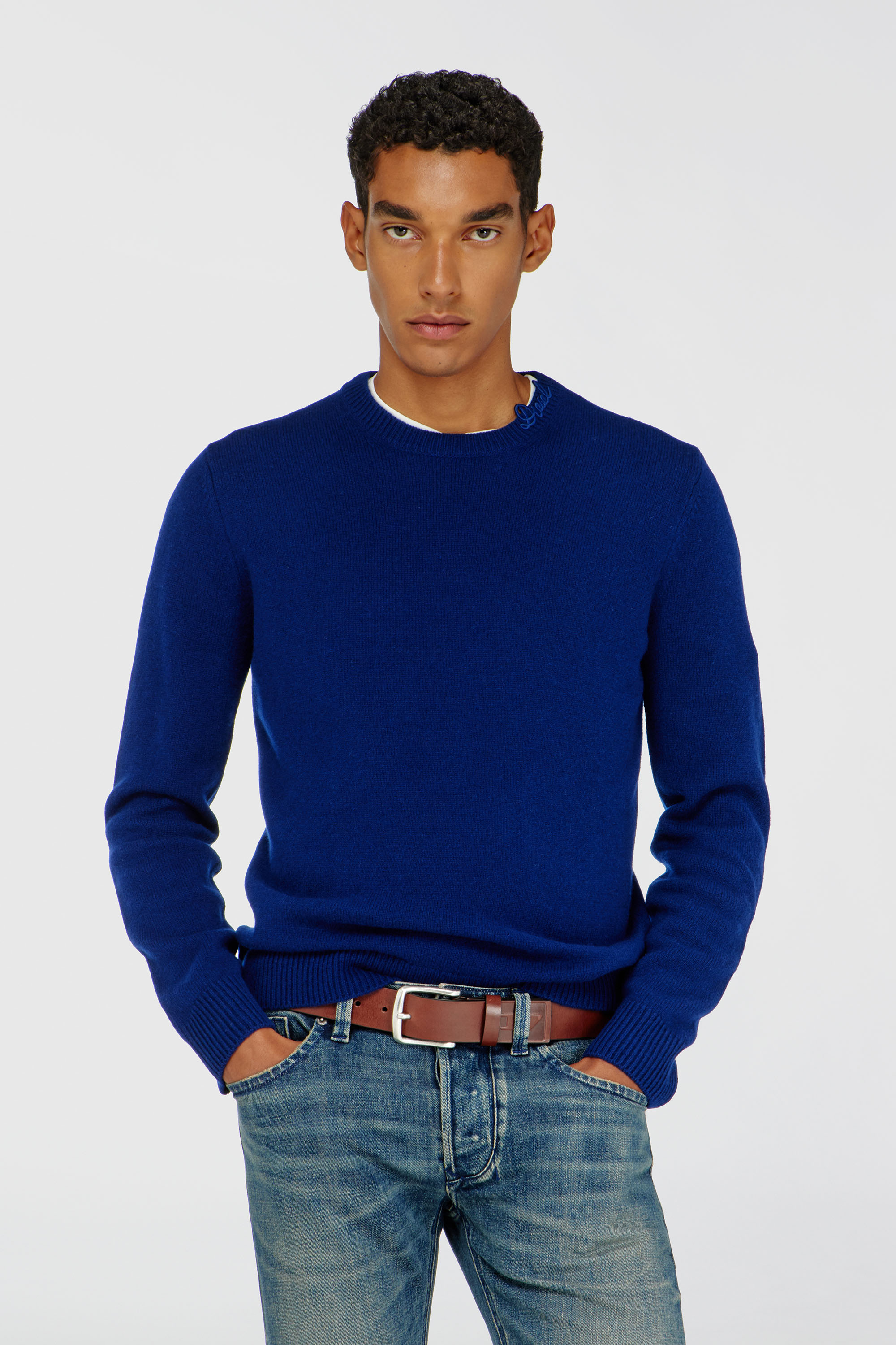 Diesel - K-IMBRO, Man's Wool jumper with neck logo in Blue - 2