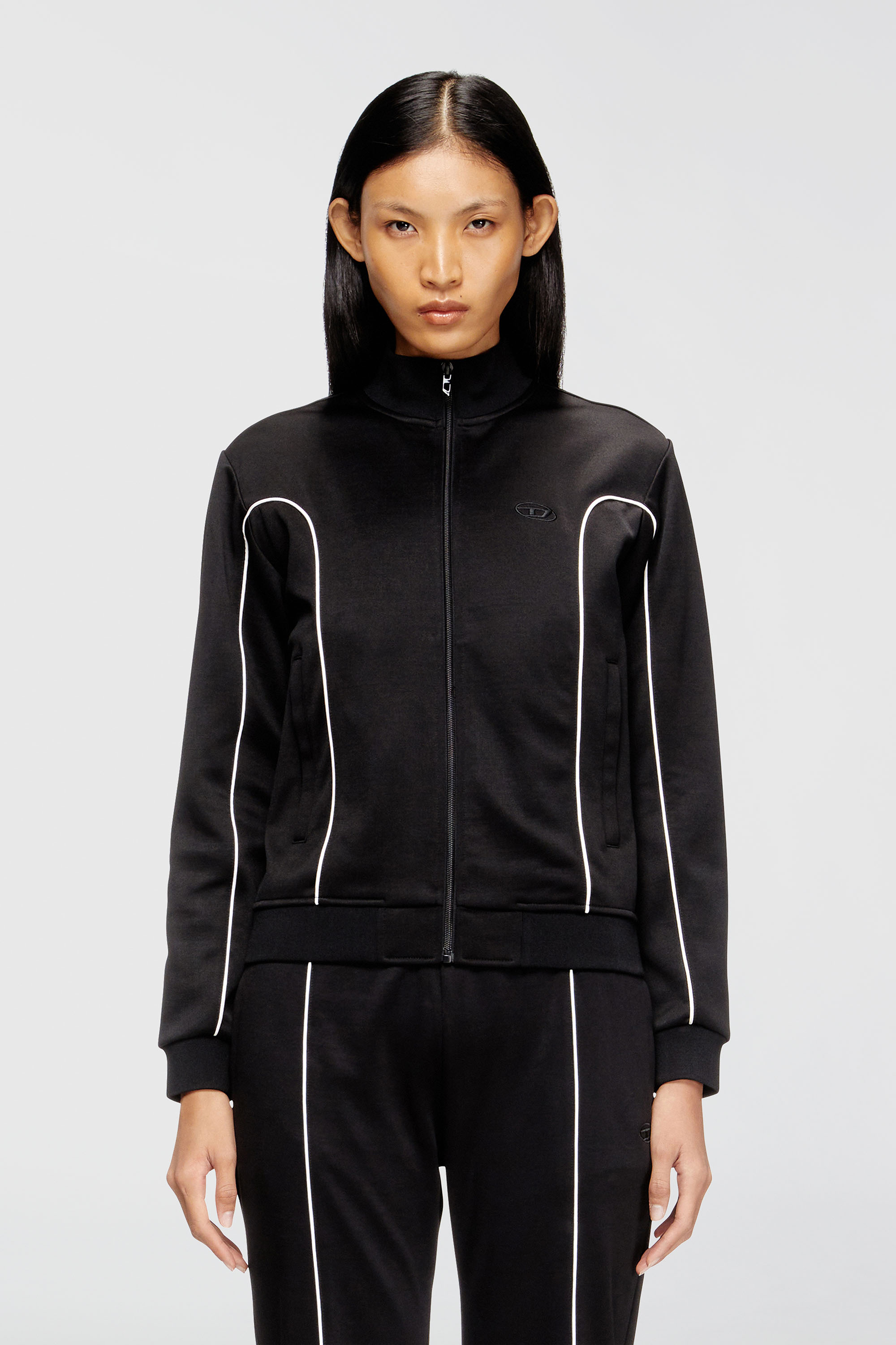 Diesel - F-LOCKING-OD, Woman's Sweat-jacket with contrast piping in Black/White - 1