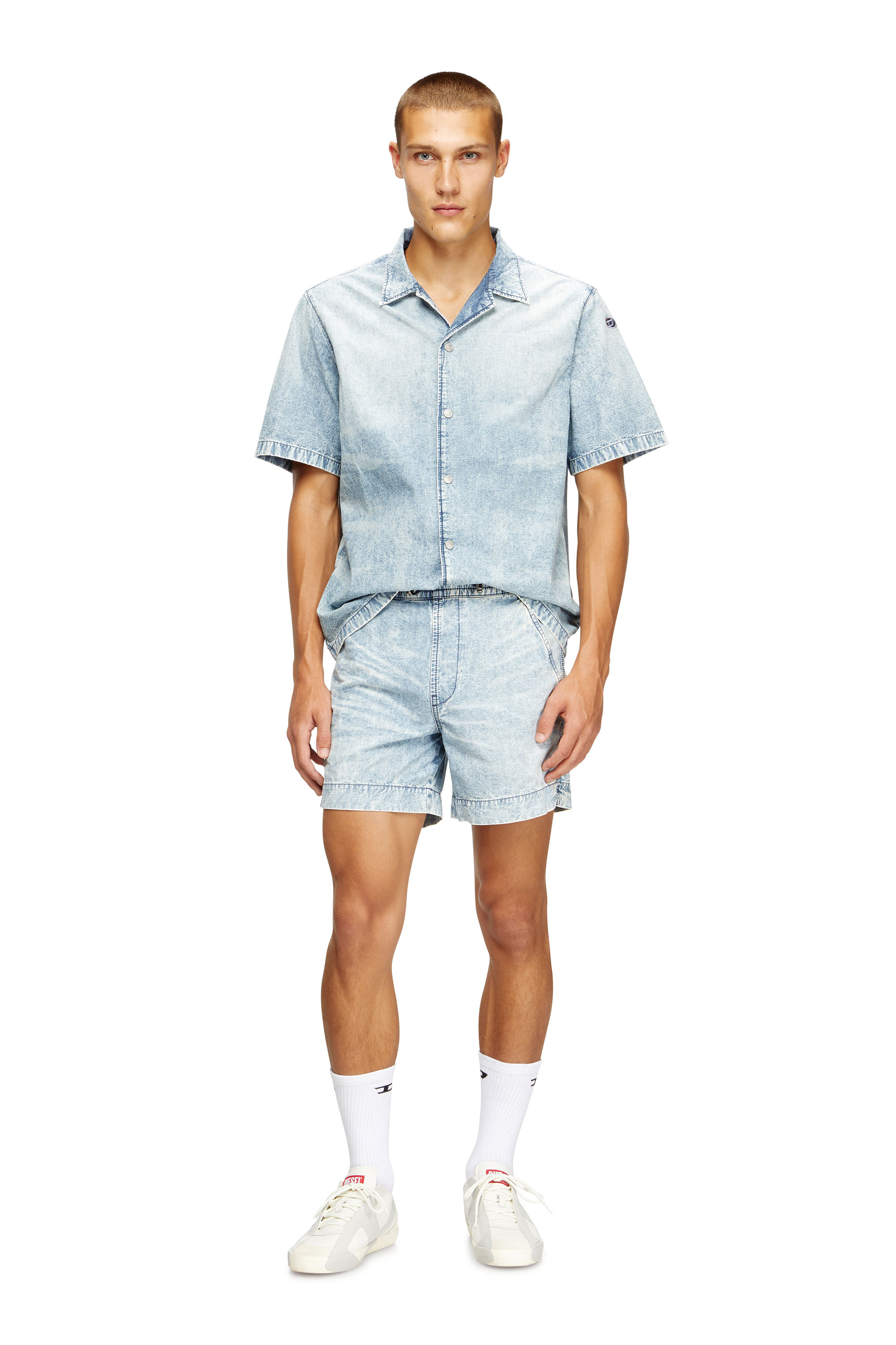 Diesel - D-NABIL-S4, Man's Bowling shirt in marbled denim in Light Blue - 1