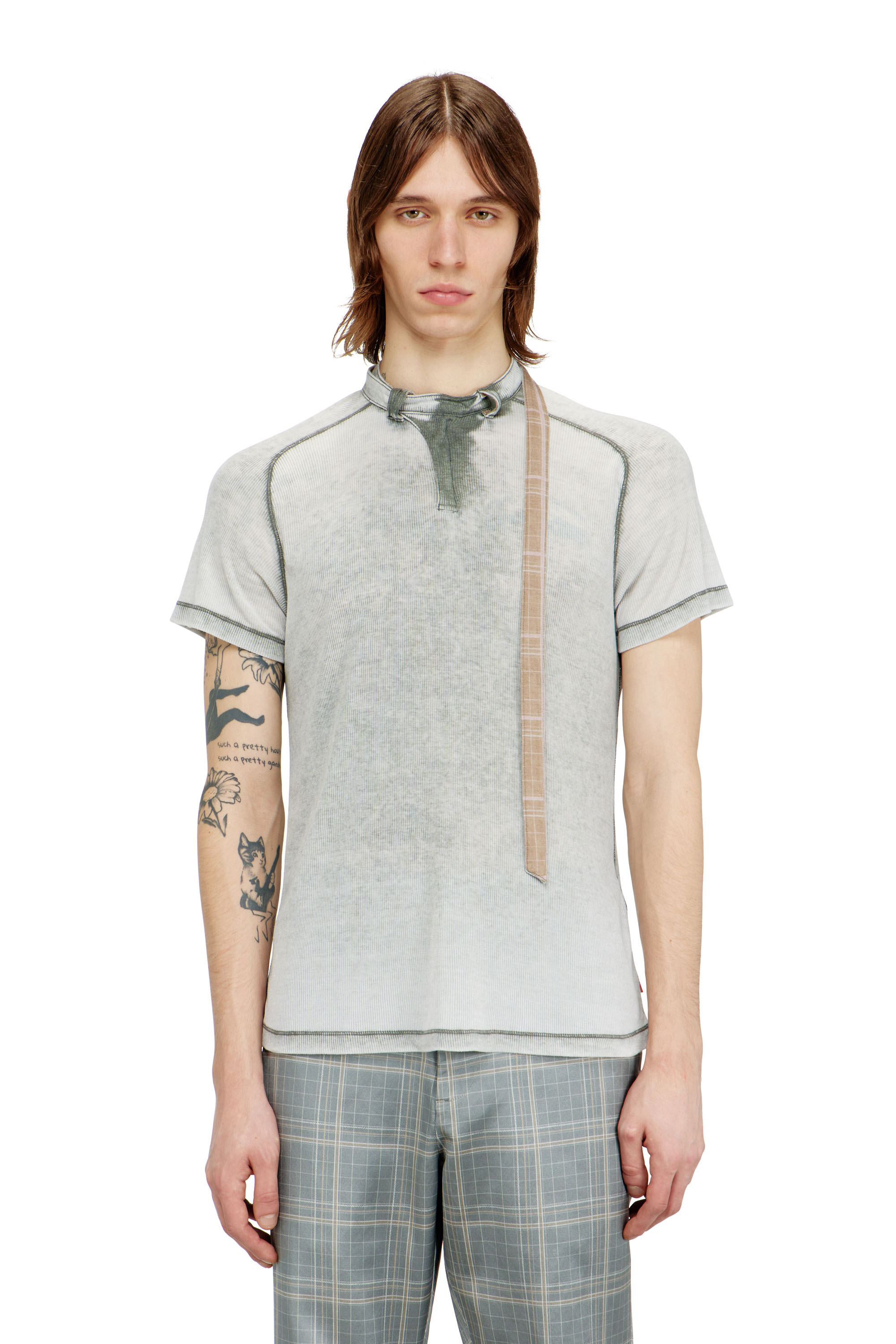 Diesel - T-GARY, Man's Rib-jersey top with biker neck strap in Grey - 1