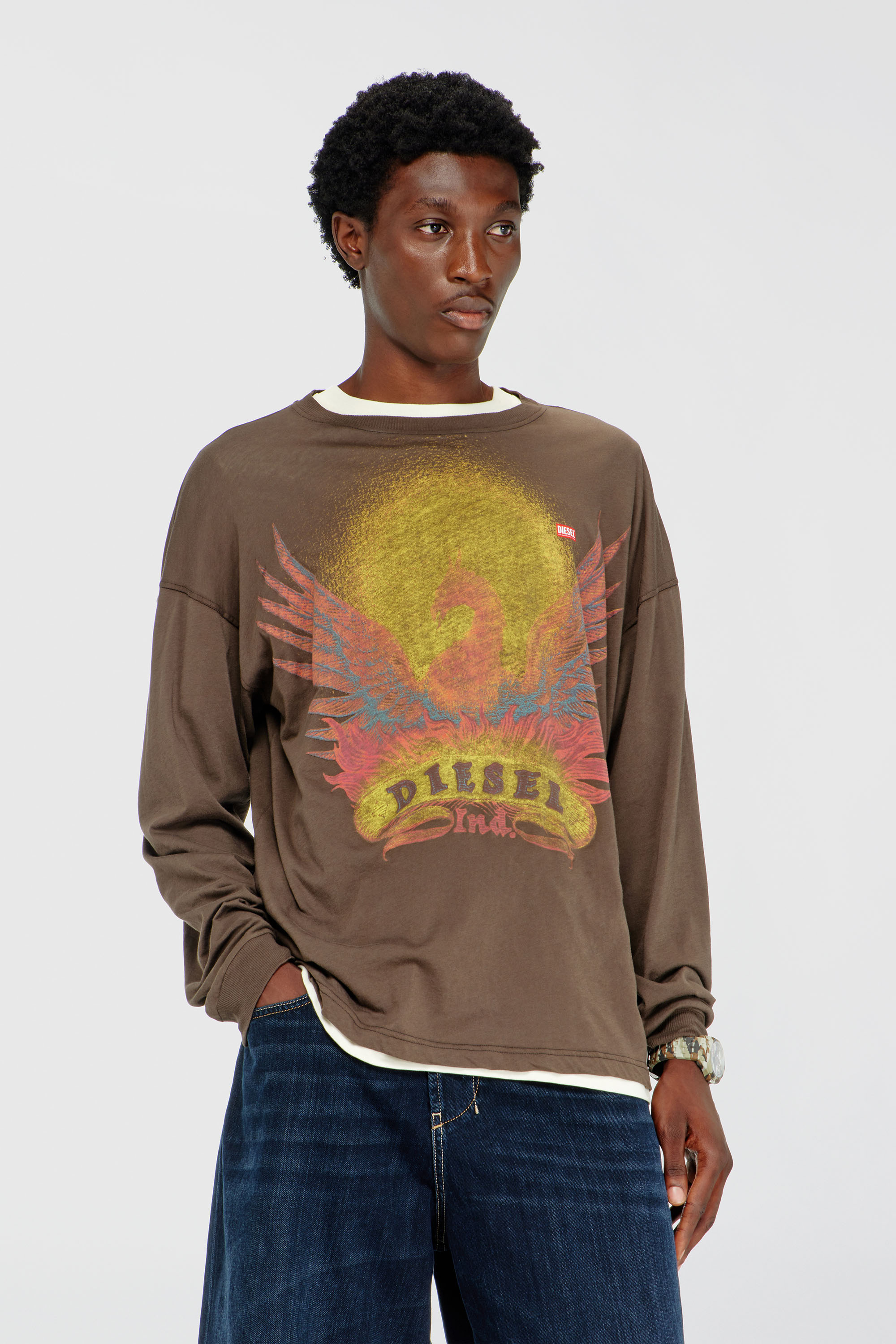 Diesel - T-BOXT-LS-AA1, Man's Long sleeve T-shirt with Phoenix graphic in Brown - 3