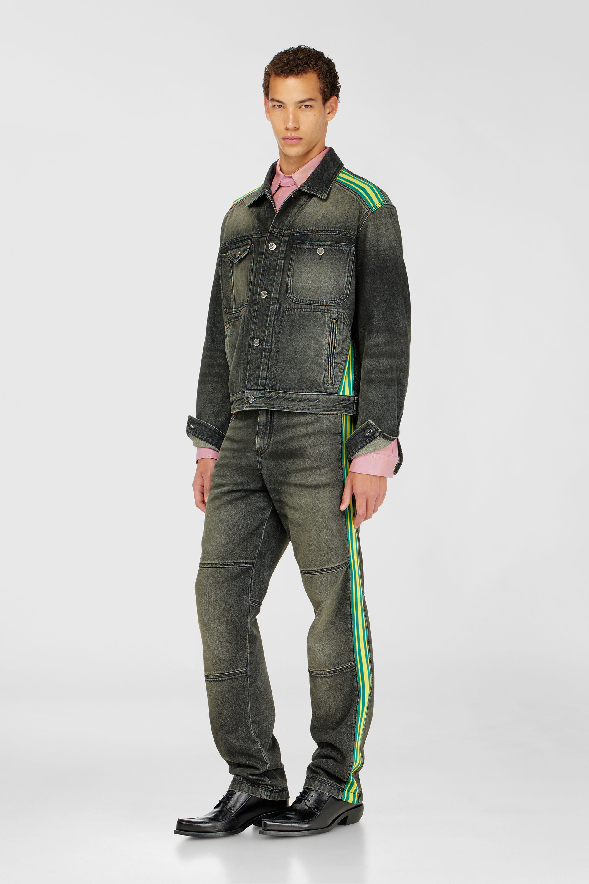 Diesel - D-BAS-FSJ1, Man's Trucker jacket with striped shoulder bands in Dark grey - 2