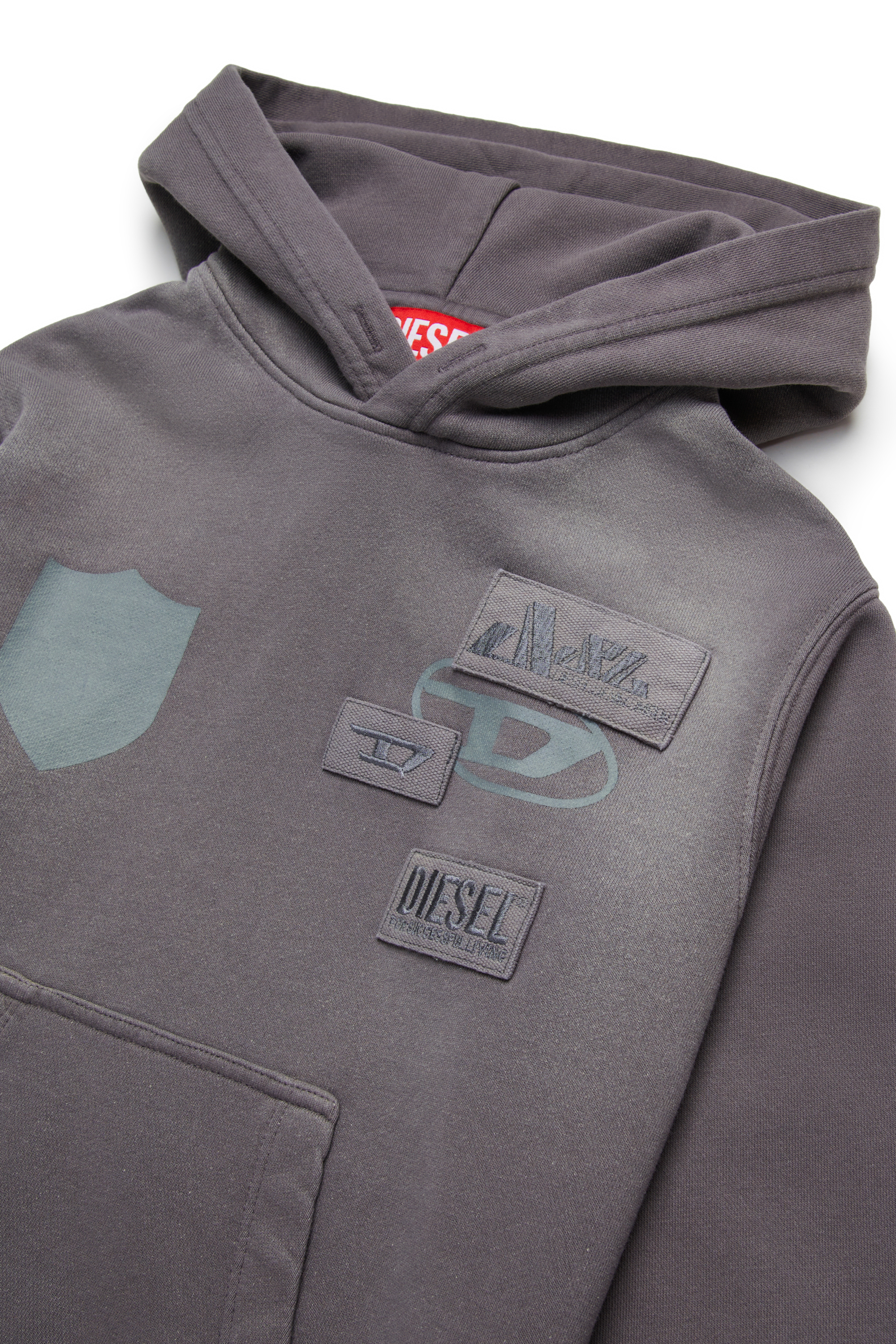 Diesel - SMACCYHOOD OVER, Man's Faded hoodie with logo patches in Grey - 3